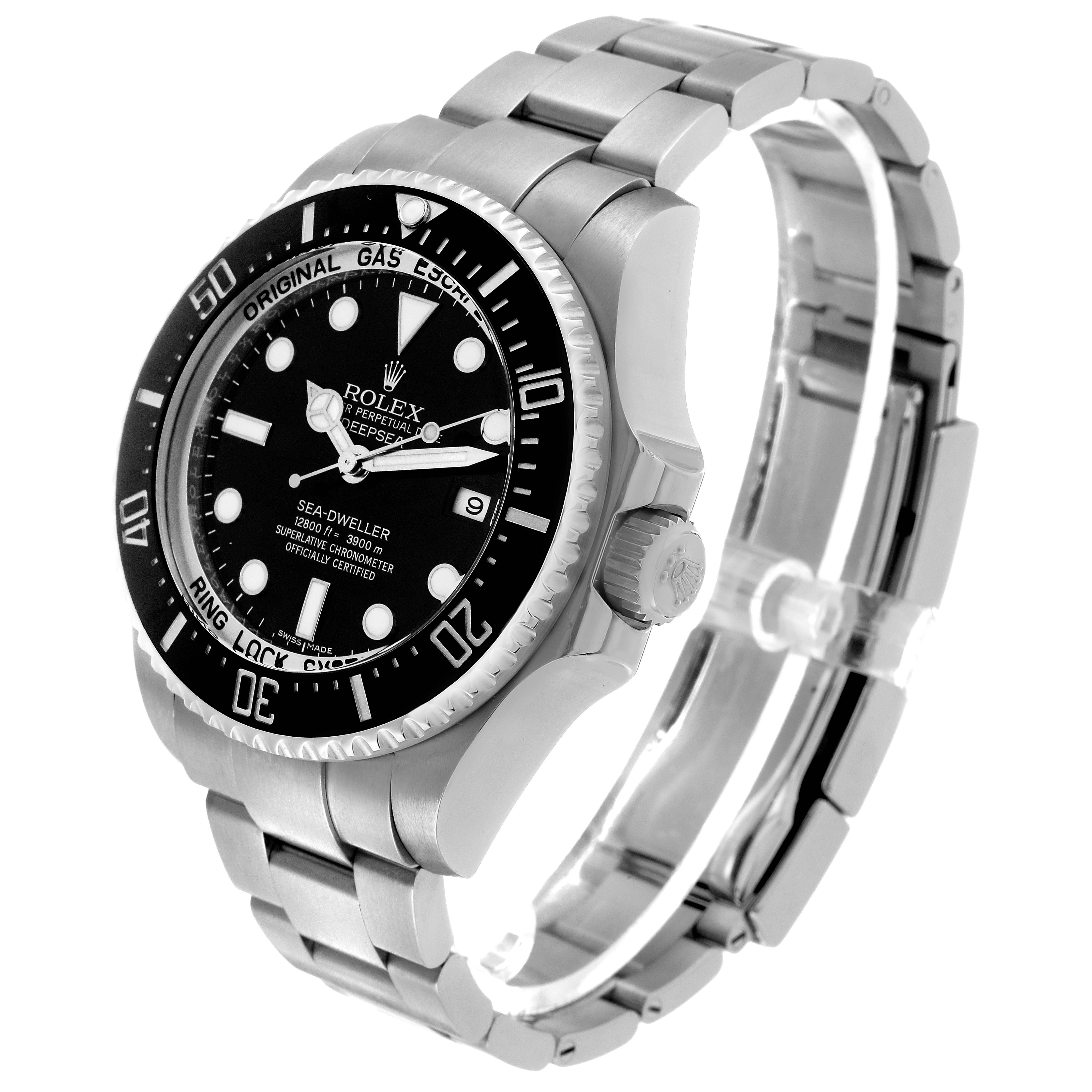 The Rolex Sea-Dweller 116660 Men's Stainless Steel Black Dial is shown at an angle displaying the face, bezel, crown, and bracelet clearly.