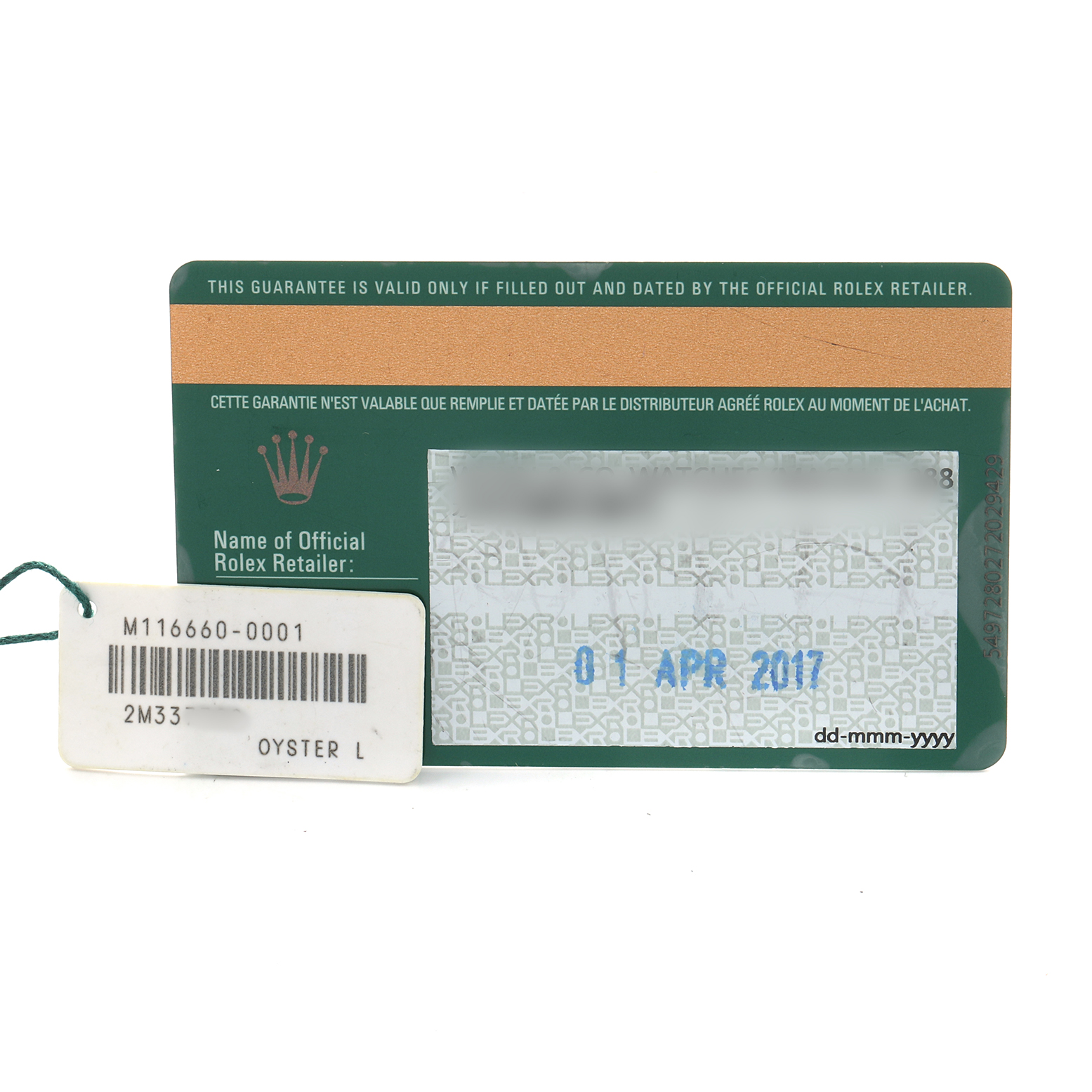 The image shows a warranty card and tag for a Rolex Sea-Dweller 116660 Men's Stainless Steel Black Dial watch, featuring model and date information.