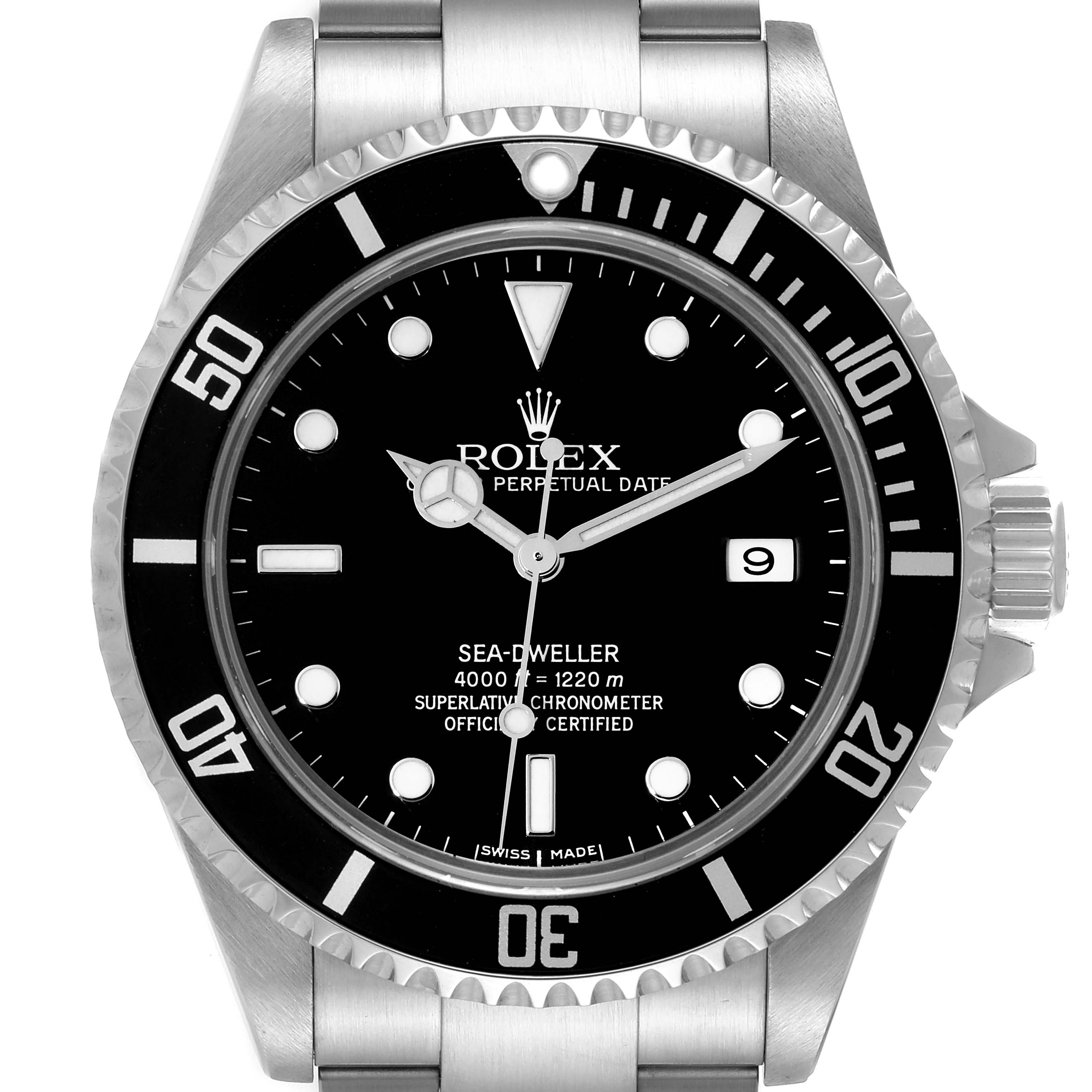 The image shows a front view of the Rolex Sea-Dweller 16600T Men's Stainless Steel Black Dial 16600T Men's Stainless Steel Black Dial watch, highlighting its face, bezel, crown, and part of the bracelet.