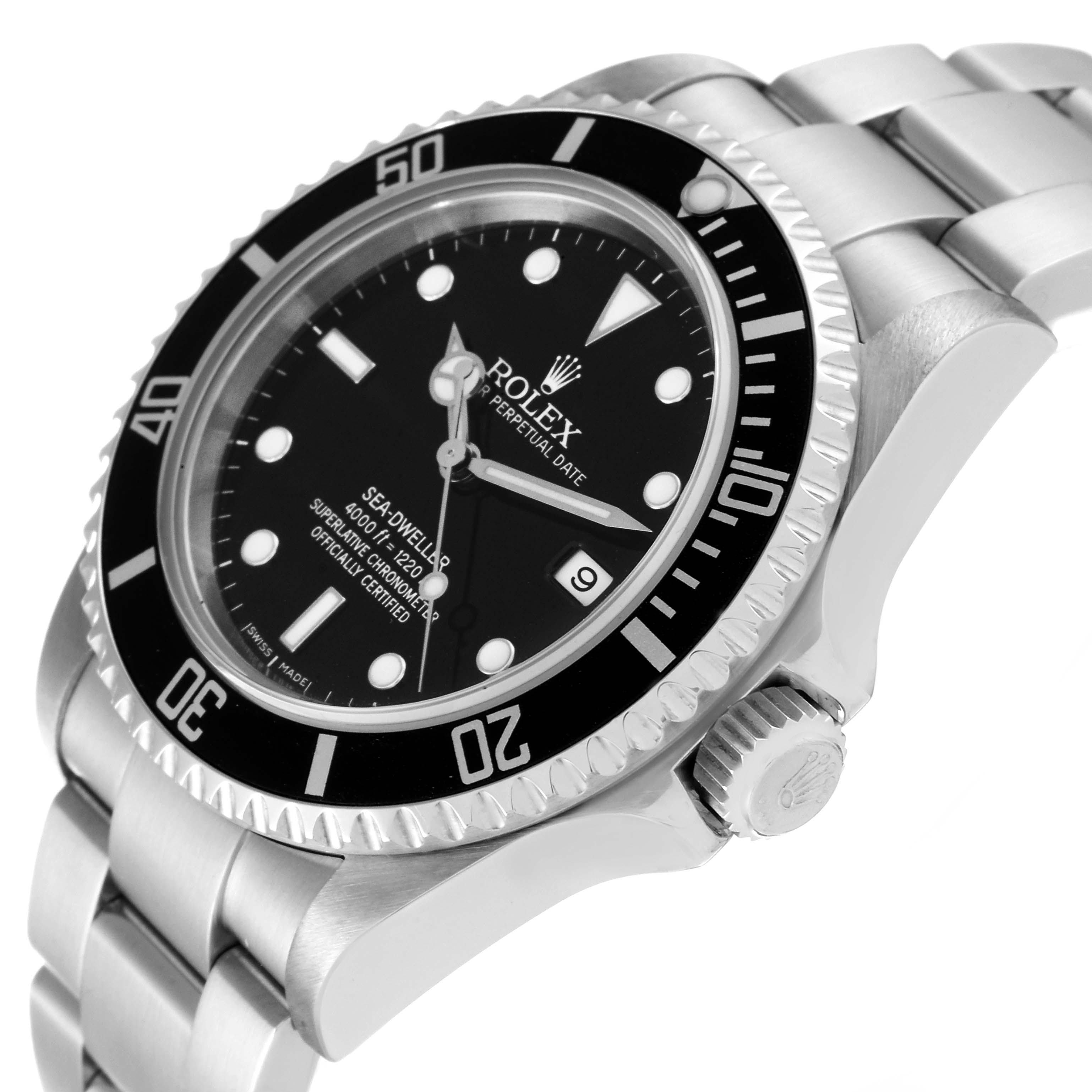 The image shows an angled side view of a Rolex Sea-Dweller 16600T Men's Stainless Steel Black Dial 16600T Men's Stainless Steel Black Dial watch, displaying its face, bezel, crown, and bracelet.