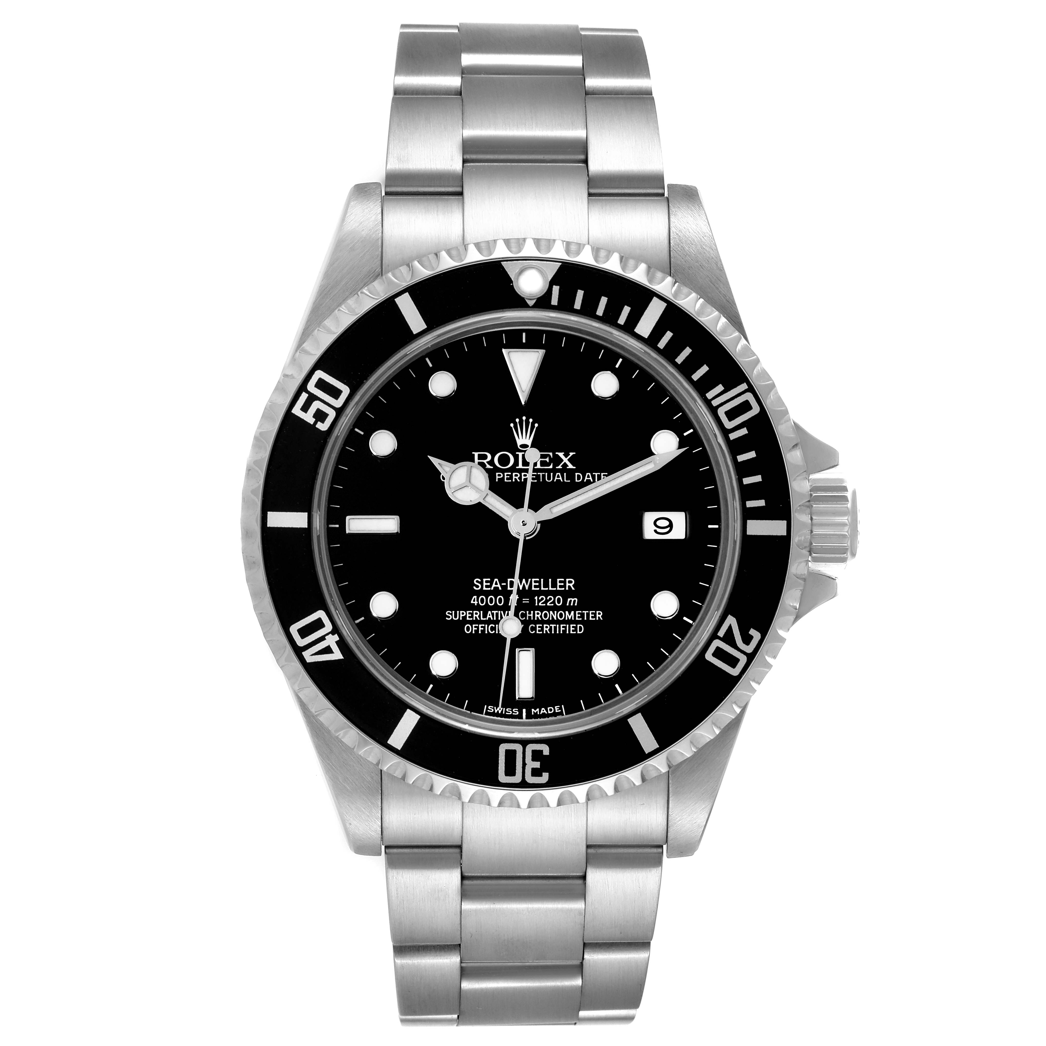 The image shows a front view of the Rolex Sea-Dweller 16600T Men's Stainless Steel Black Dial 16600T Men's Stainless Steel Black Dial watch, highlighting its bezel, dial, and bracelet.