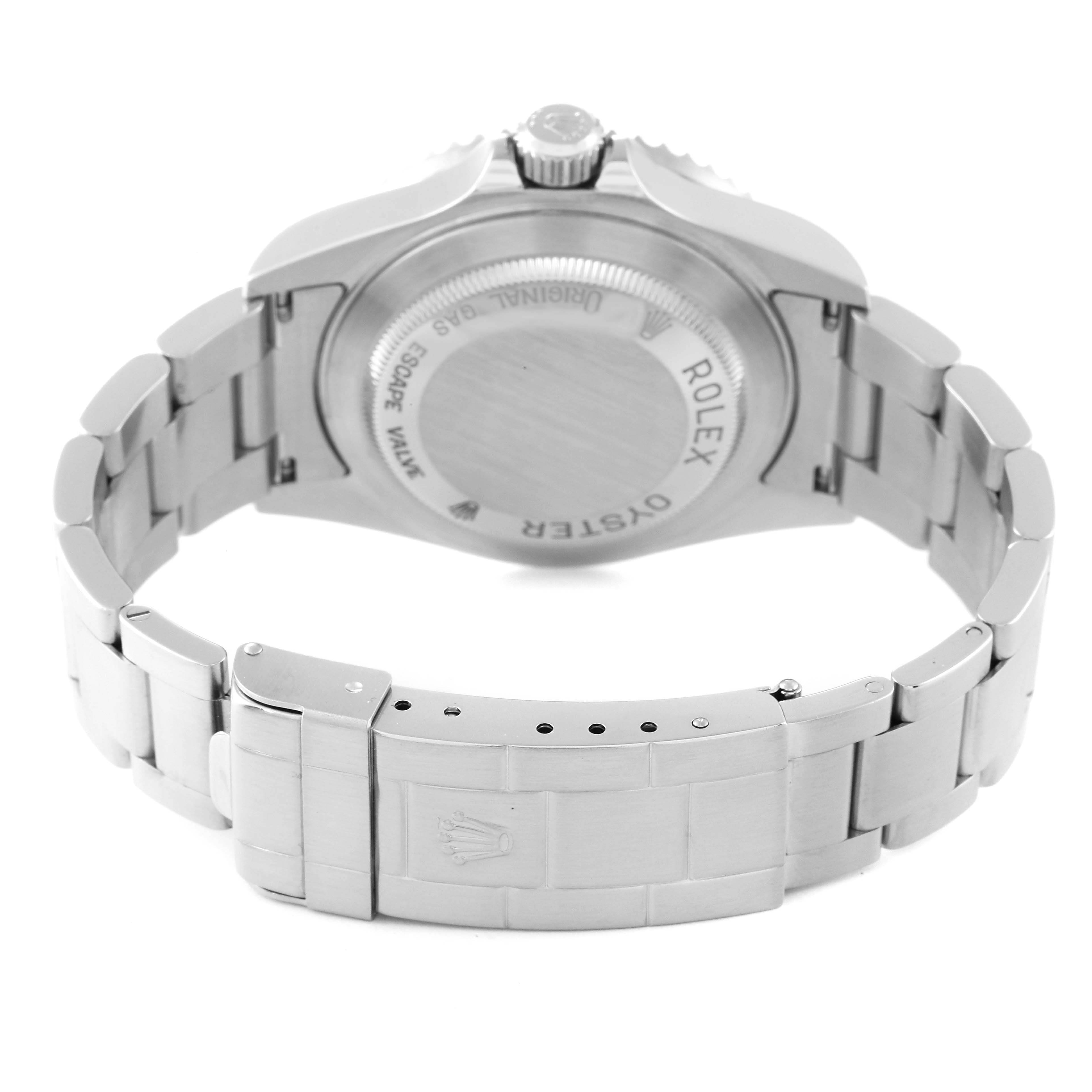 This image shows the back case and bracelet of a Rolex Sea-Dweller 16600T Men's Stainless Steel Black Dial 16600T Men's Stainless Steel Black Dial watch in a rear view angle.