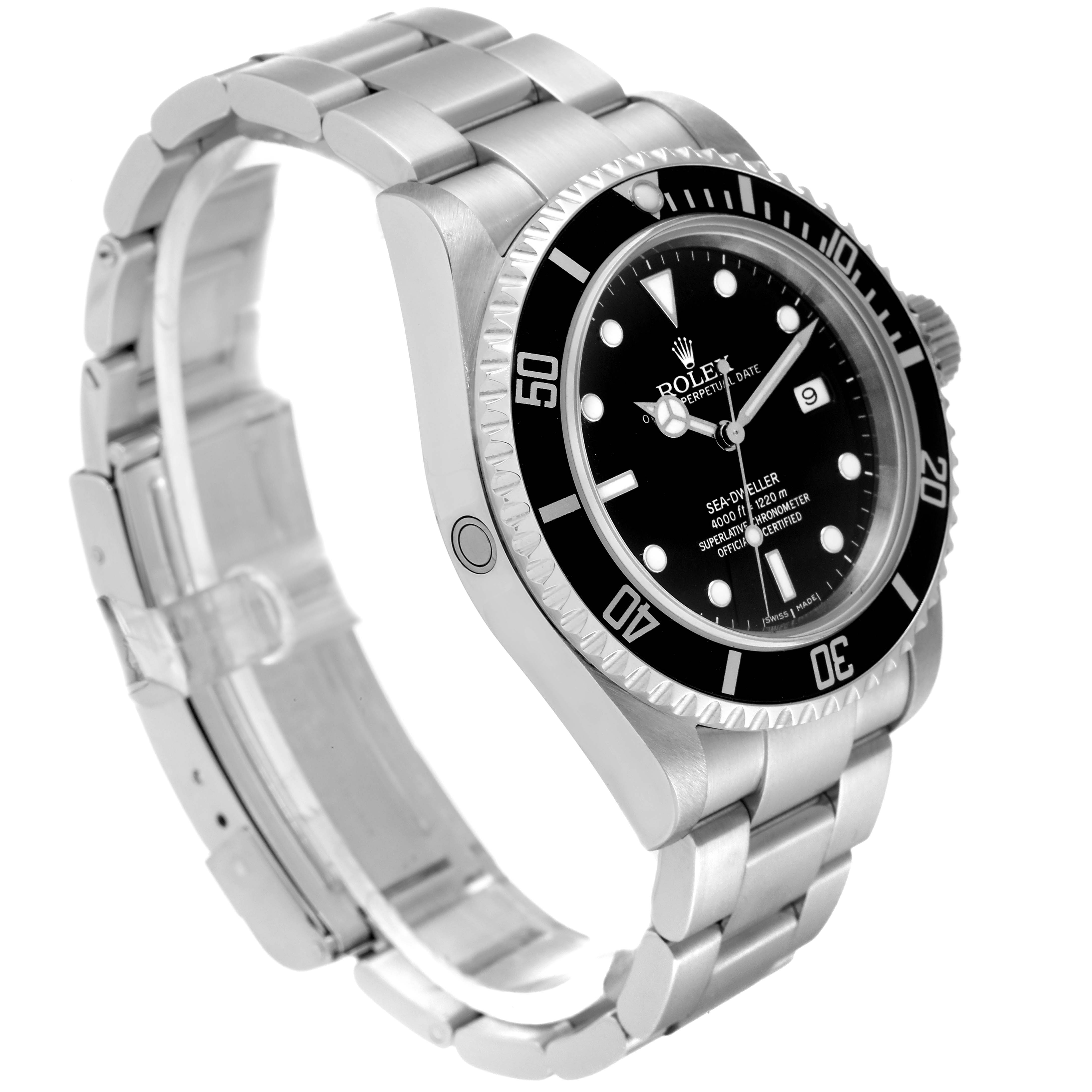 The image shows a Rolex Sea-Dweller 16600T Men's Stainless Steel Black Dial 16600T Men's Stainless Steel Black Dial watch at an angled side view, highlighting the bezel, dial, and bracelet.