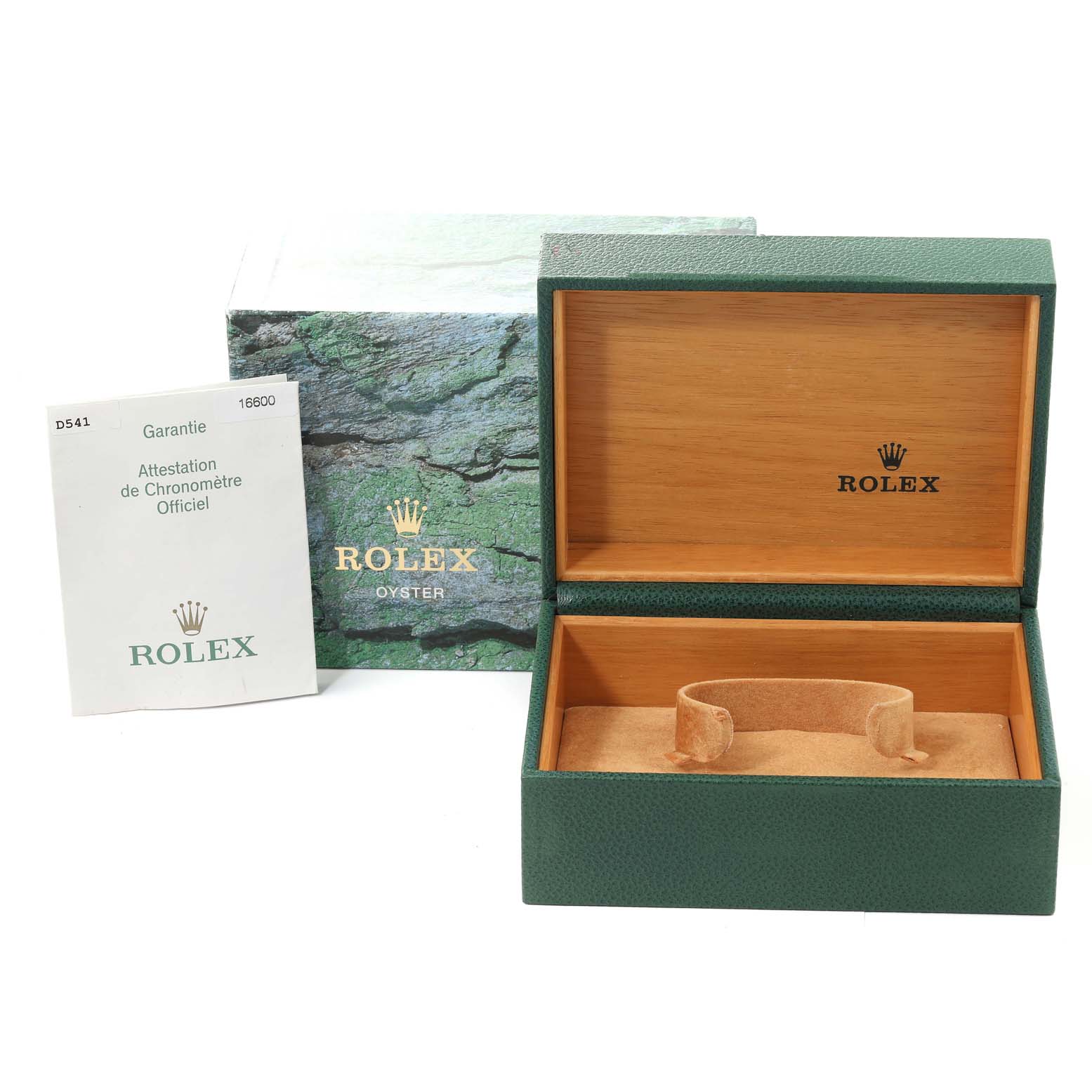 The image shows an empty green Rolex box, an open brown inner box, and a warranty booklet for the Sea-Dweller model by Rolex.