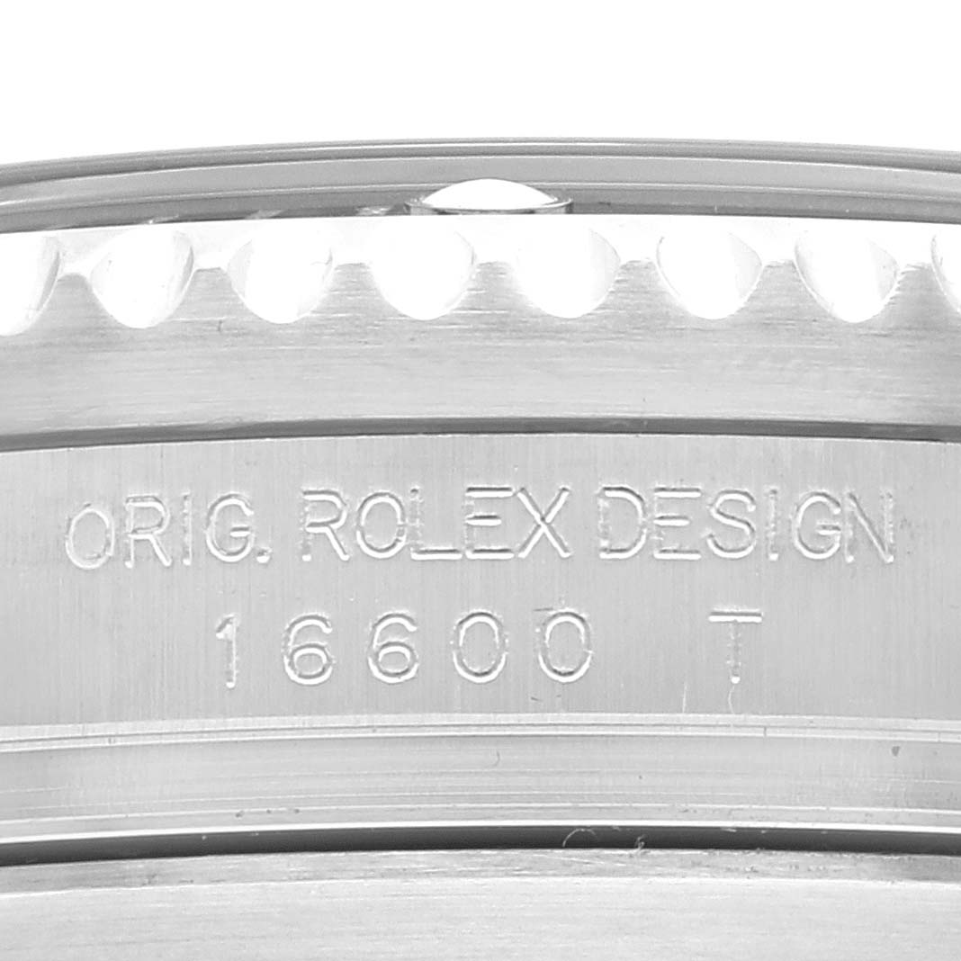 This close-up angle shows the side engraving on the case of a Rolex Sea-Dweller 16600T Men's Stainless Steel Black Dial 16600T Men's Stainless Steel Black Dial model 16600.