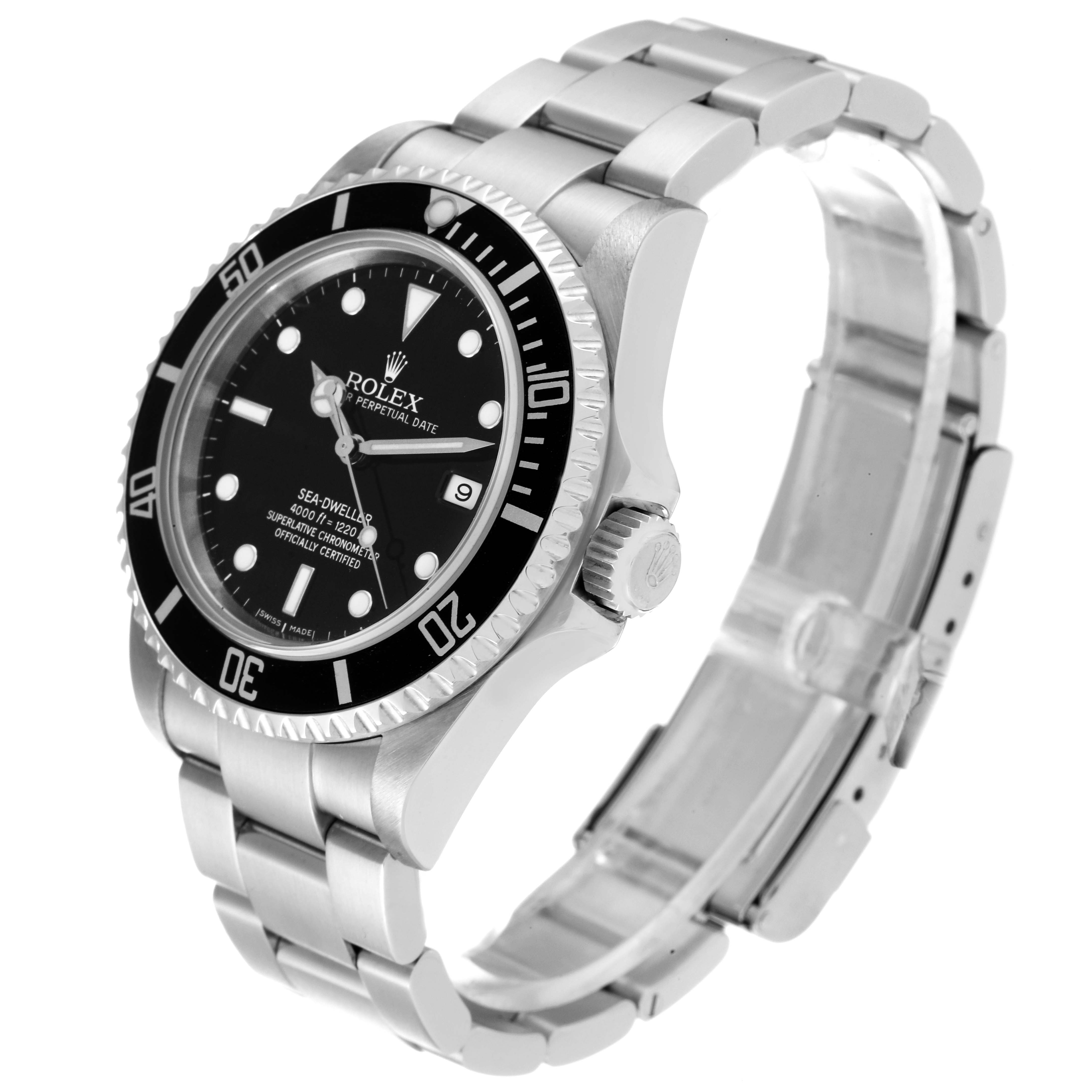 This Rolex Sea-Dweller 16600T Men's Stainless Steel Black Dial 16600T Men's Stainless Steel Black Dial watch is shown at a three-quarter angle, featuring its face, bezel, crown, and bracelet.