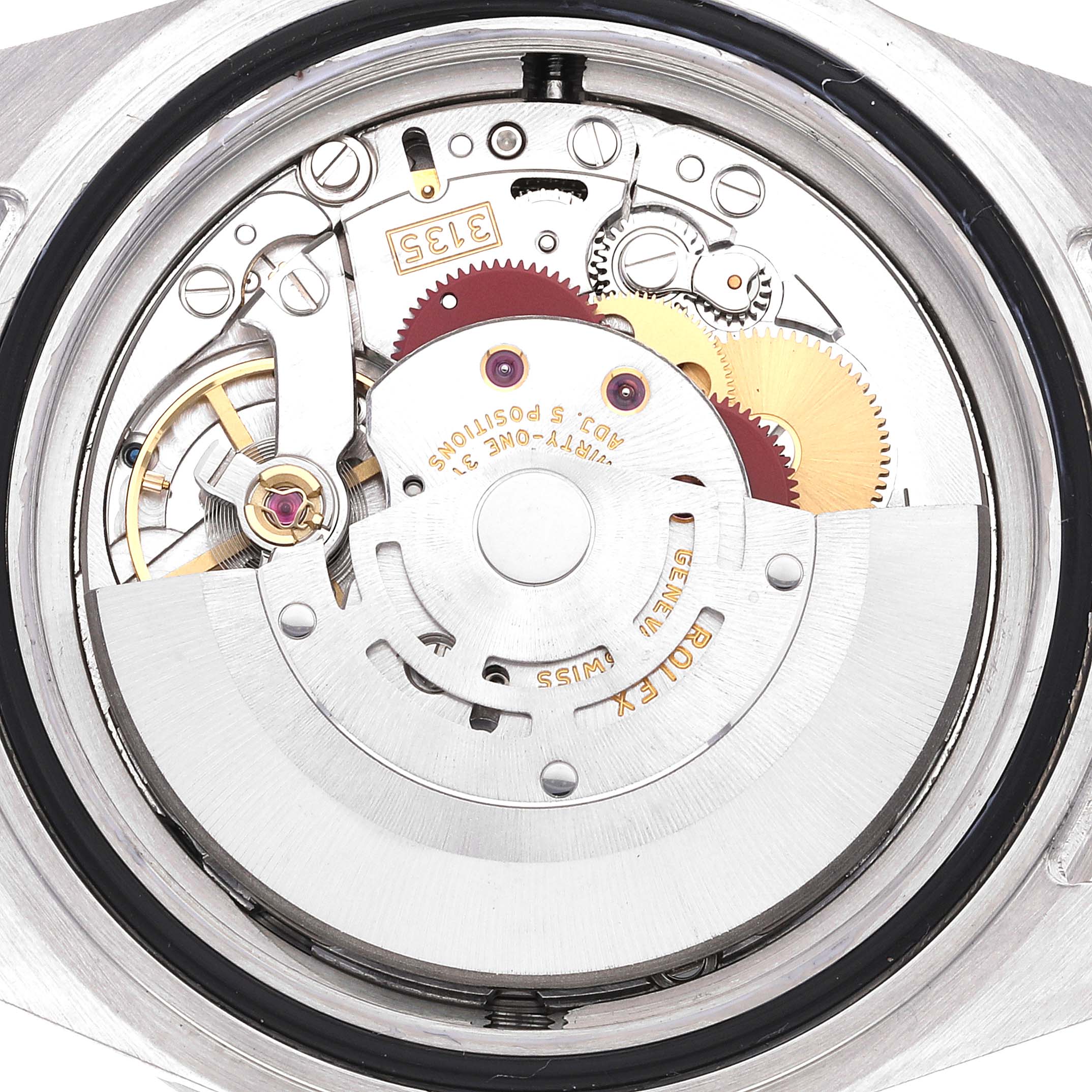This image shows a close-up view of the movement mechanism inside the Rolex Sea-Dweller 16600T Men's Stainless Steel Black Dial 16600T Men's Stainless Steel Black Dial watch.