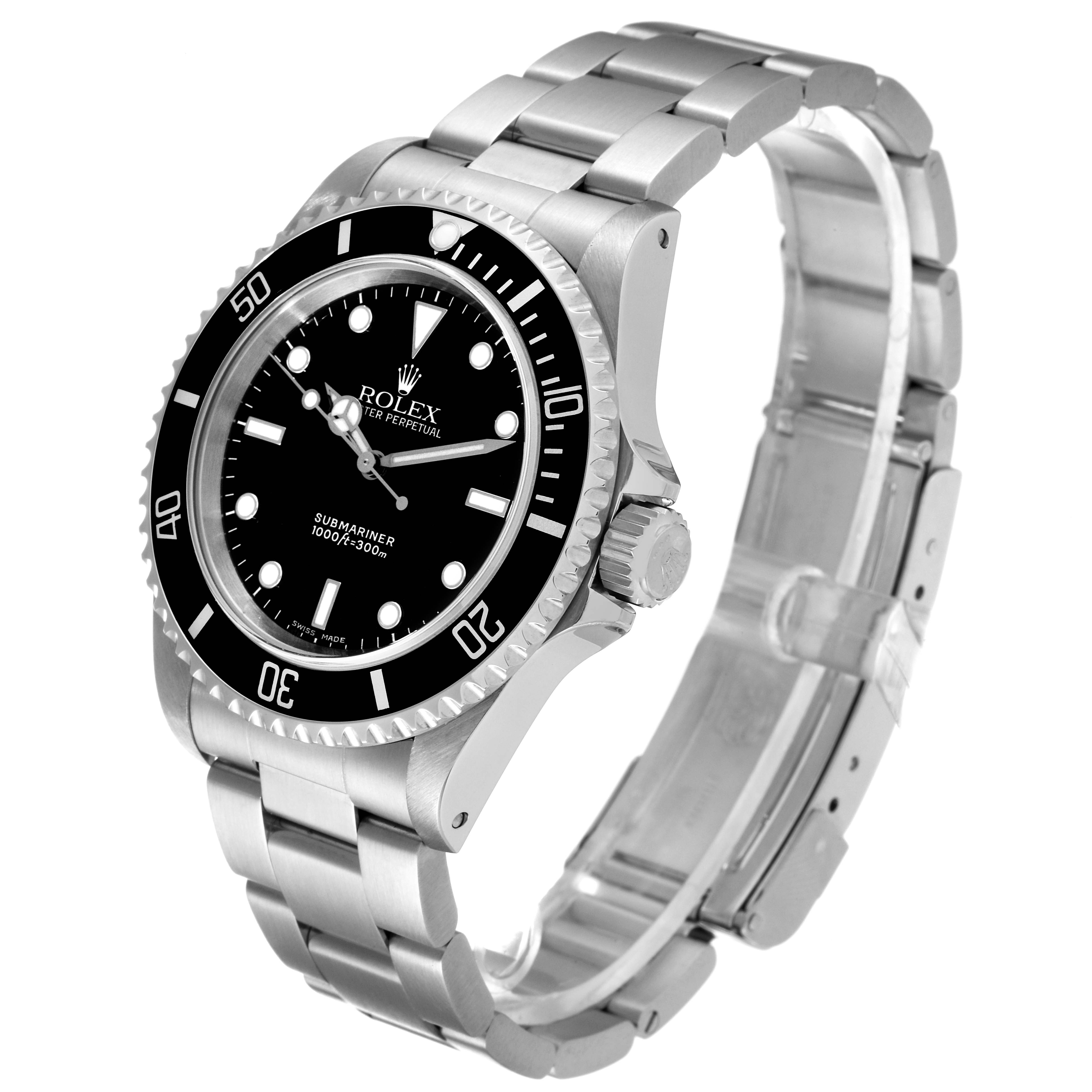 The photo shows a Rolex Submariner 14060 Men
s Stainless Steel Black Dial 14060 Men
s Stainless Steel Black Dial watch at a three-quarter angle, revealing the face, bezel, crown, and bracelet.