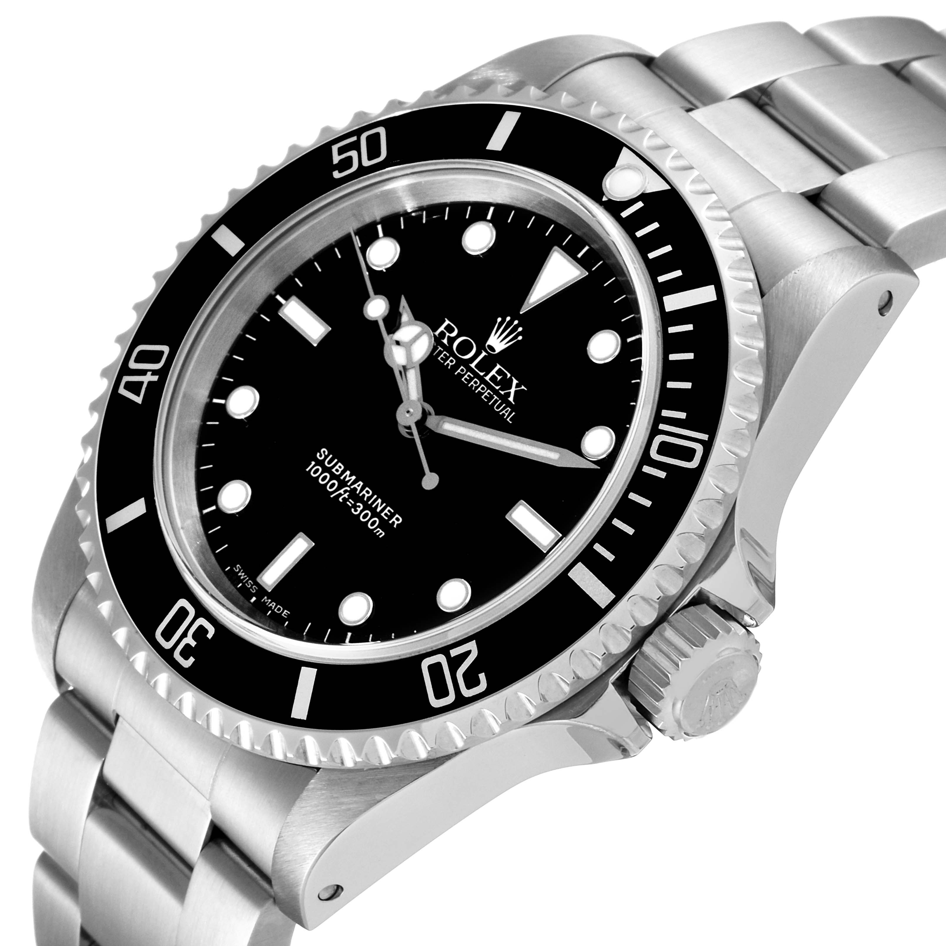 The image shows a Rolex Submariner 14060 Men
s Stainless Steel Black Dial 14060 Men
s Stainless Steel Black Dial watch at an angled view, highlighting the bezel, dial, crown, and bracelet links.