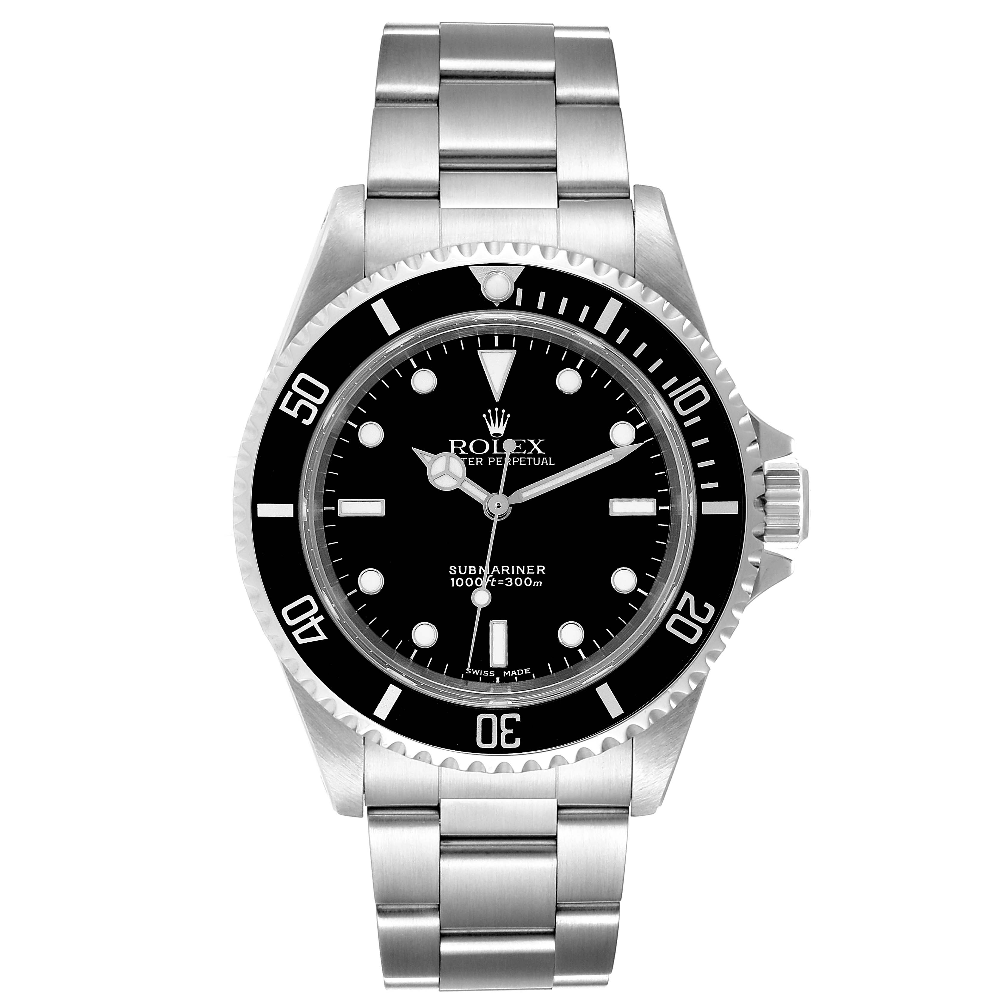 The image shows the front view of a Rolex Submariner 14060 Men
s Stainless Steel Black Dial 14060 Men
s Stainless Steel Black Dial watch, displaying the dial, bezel, and stainless steel bracelet.