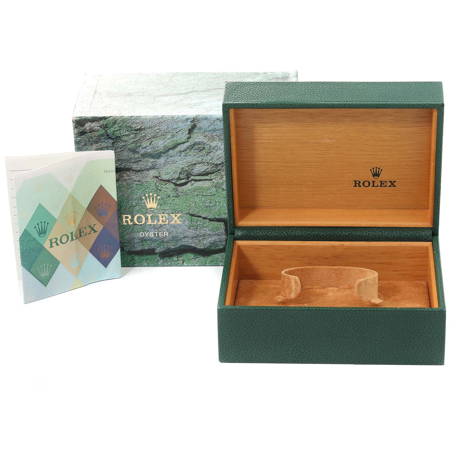 The image shows an open green Rolex Submariner 14060 Men
s Stainless Steel Black Dial 14060 Men
s Stainless Steel Black Dial watch box with interior cushion and outer packaging, accompanied by a booklet.