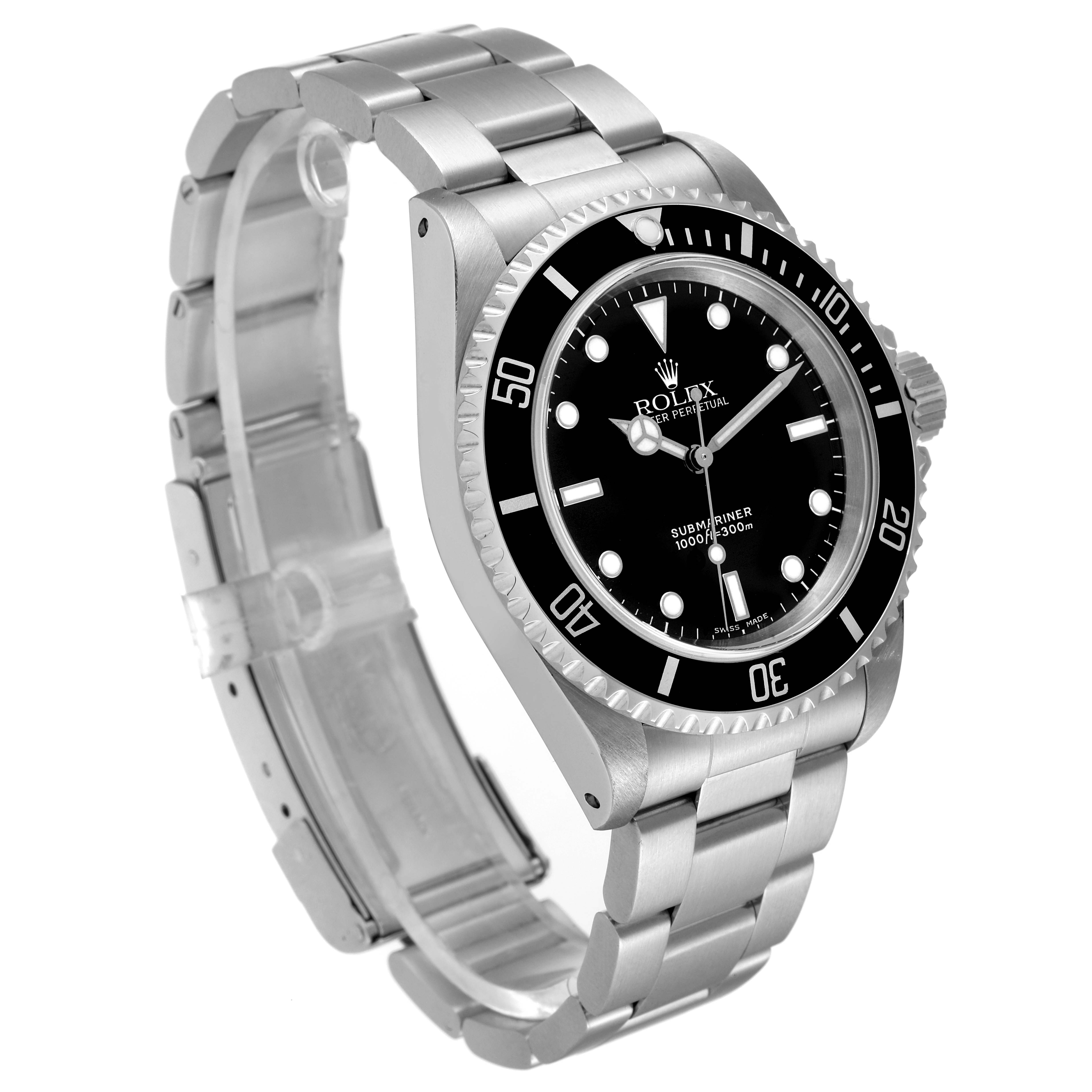 The image shows a Rolex Submariner 14060 Men
s Stainless Steel Black Dial 14060 Men
s Stainless Steel Black Dial watch at a three-quarter angle, highlighting its dial, bezel, and bracelet.
