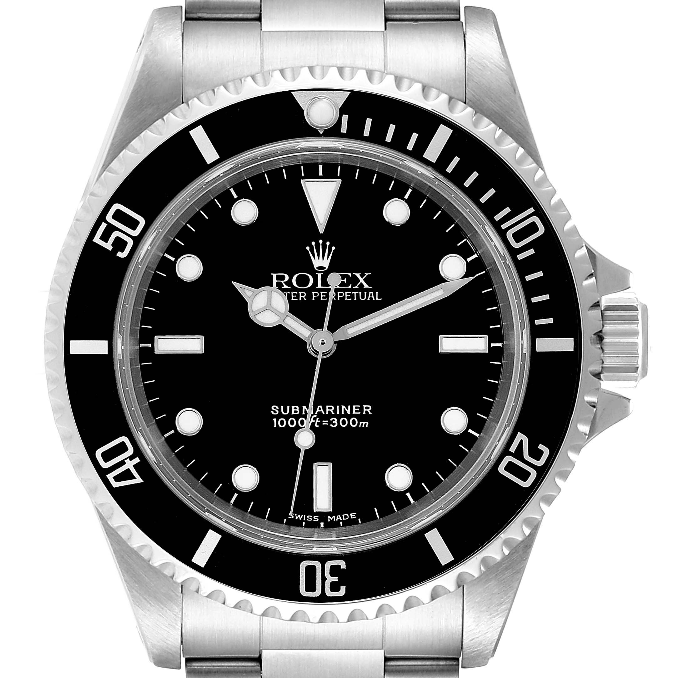 The image shows a front view of a Rolex Submariner 14060 Men
s Stainless Steel Black Dial 14060 Men
s Stainless Steel Black Dial watch, featuring its black dial, bezel, and stainless steel bracelet.