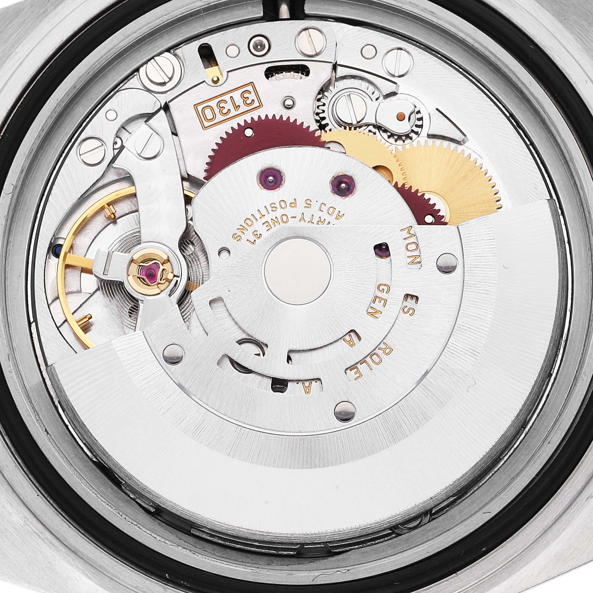 This image shows the internal mechanism and movement components of a Rolex Submariner 14060 Men
s Stainless Steel Black Dial 14060 Men
s Stainless Steel Black Dial watch, viewed from the back.
