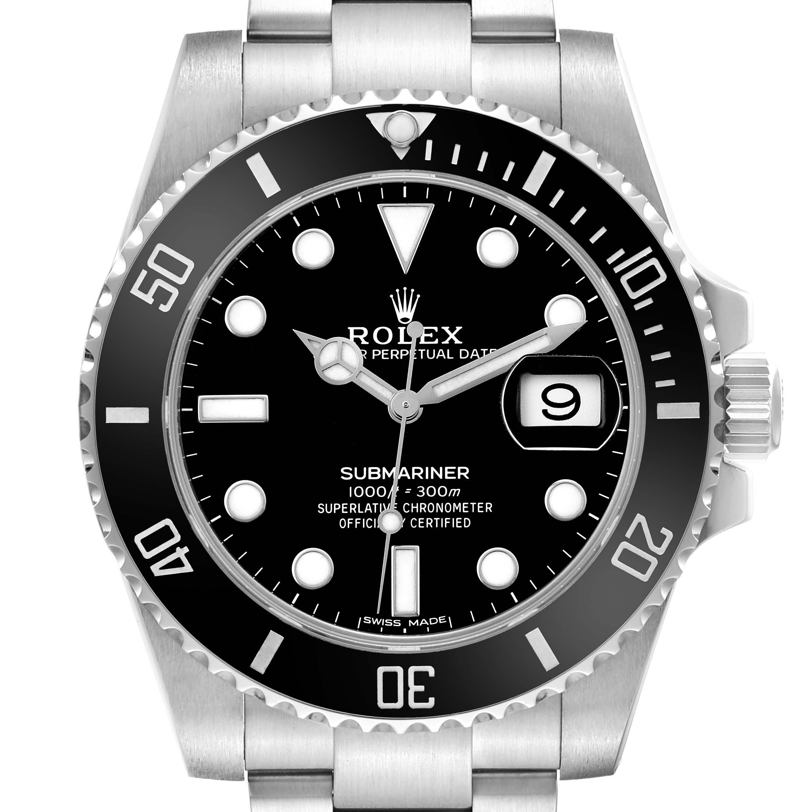 The Rolex Submariner 116610LN Men's Stainless Steel Black Dial watch is shown from a front angle, highlighting the dial, bezel, and bracelet.