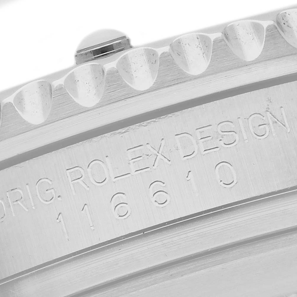 The image shows a close-up of the side of the bezel and case engraving on a Rolex Submariner 116610LN Men's Stainless Steel Black Dial, model number visible.