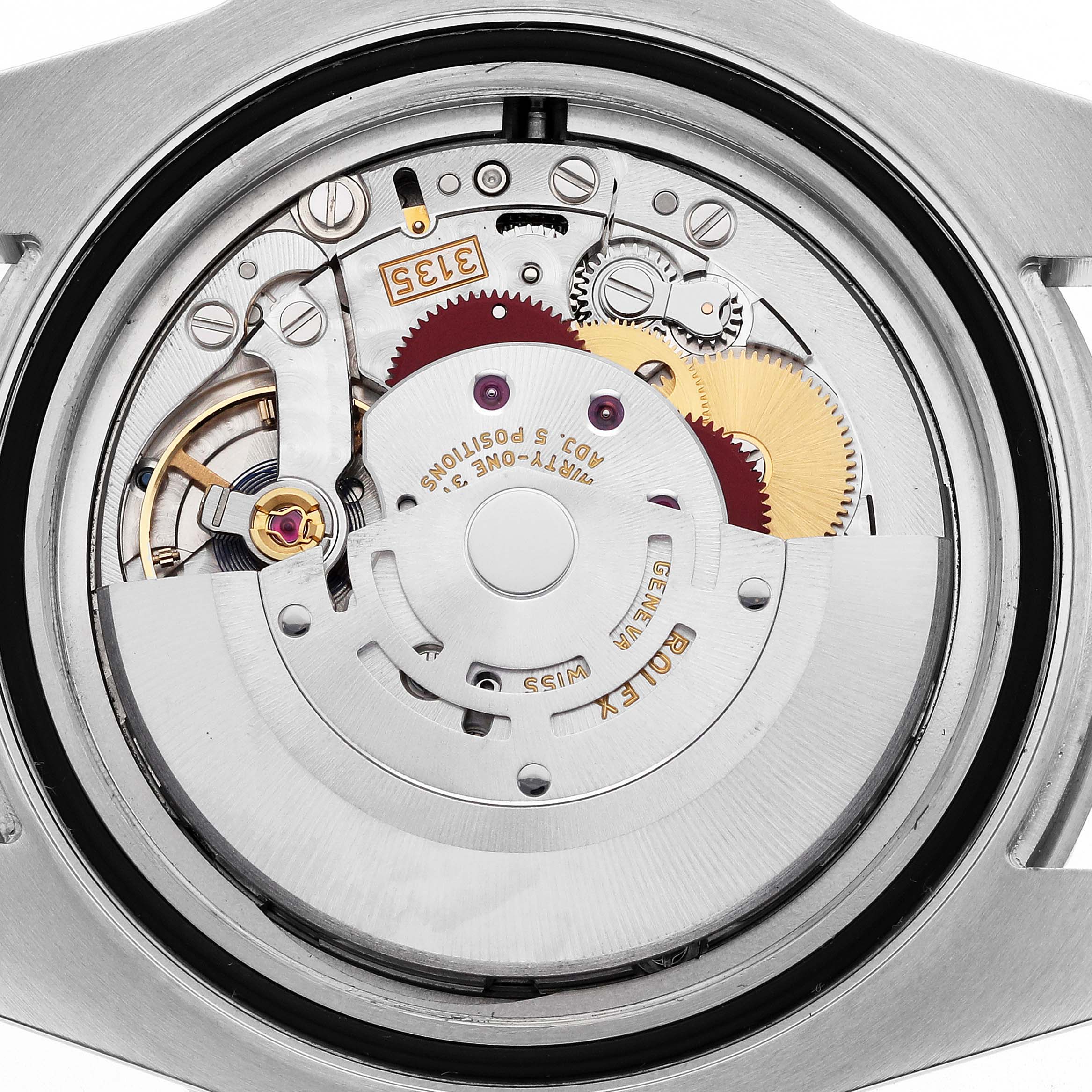 The image shows the movement mechanism of a Rolex Submariner 116610LN Men's Stainless Steel Black Dial, viewed from the back, highlighting gears and rotors.