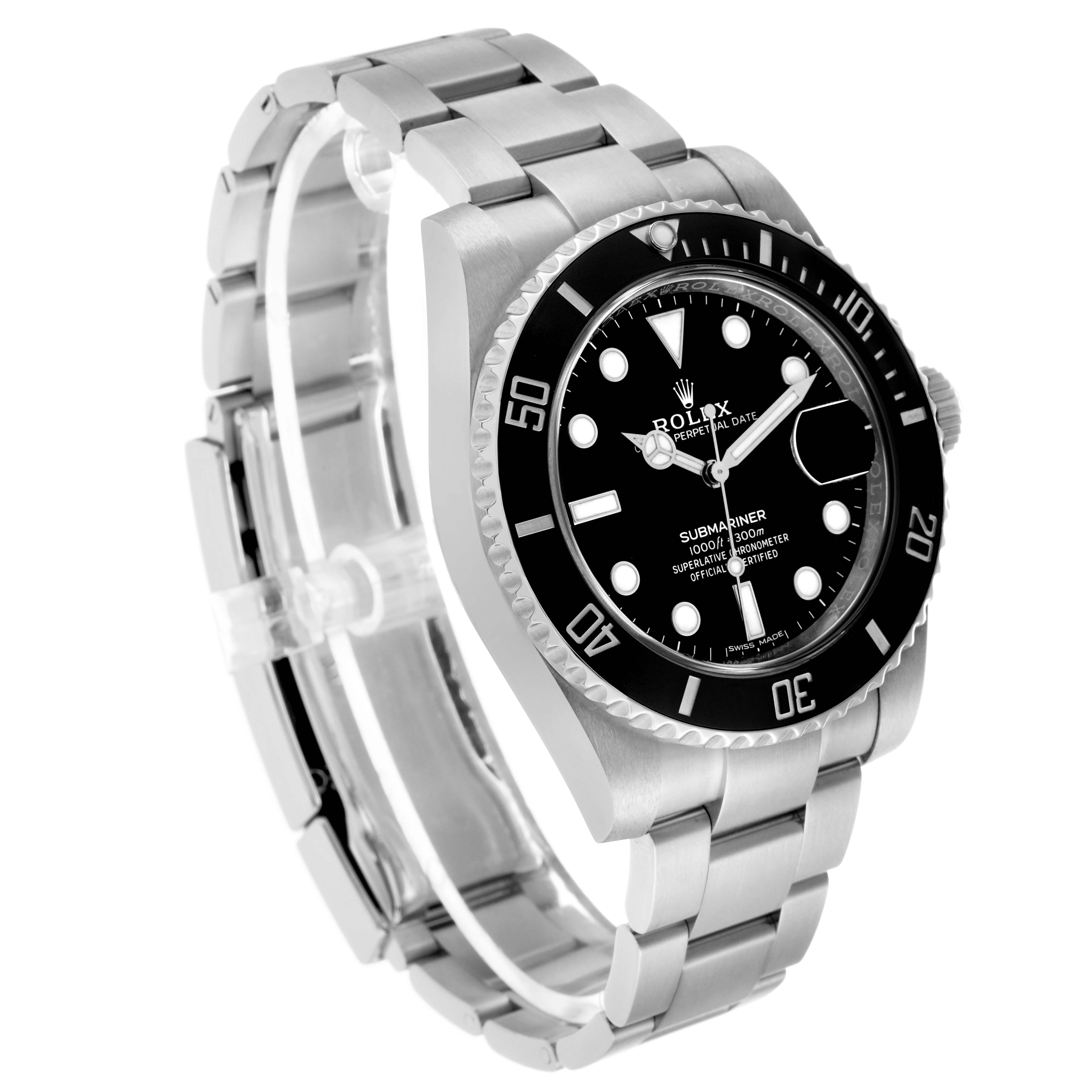 The Rolex Submariner 116610LN Men's Stainless Steel Black Dial watch is shown at a three-quarter angle, highlighting its face, bezel, and bracelet.