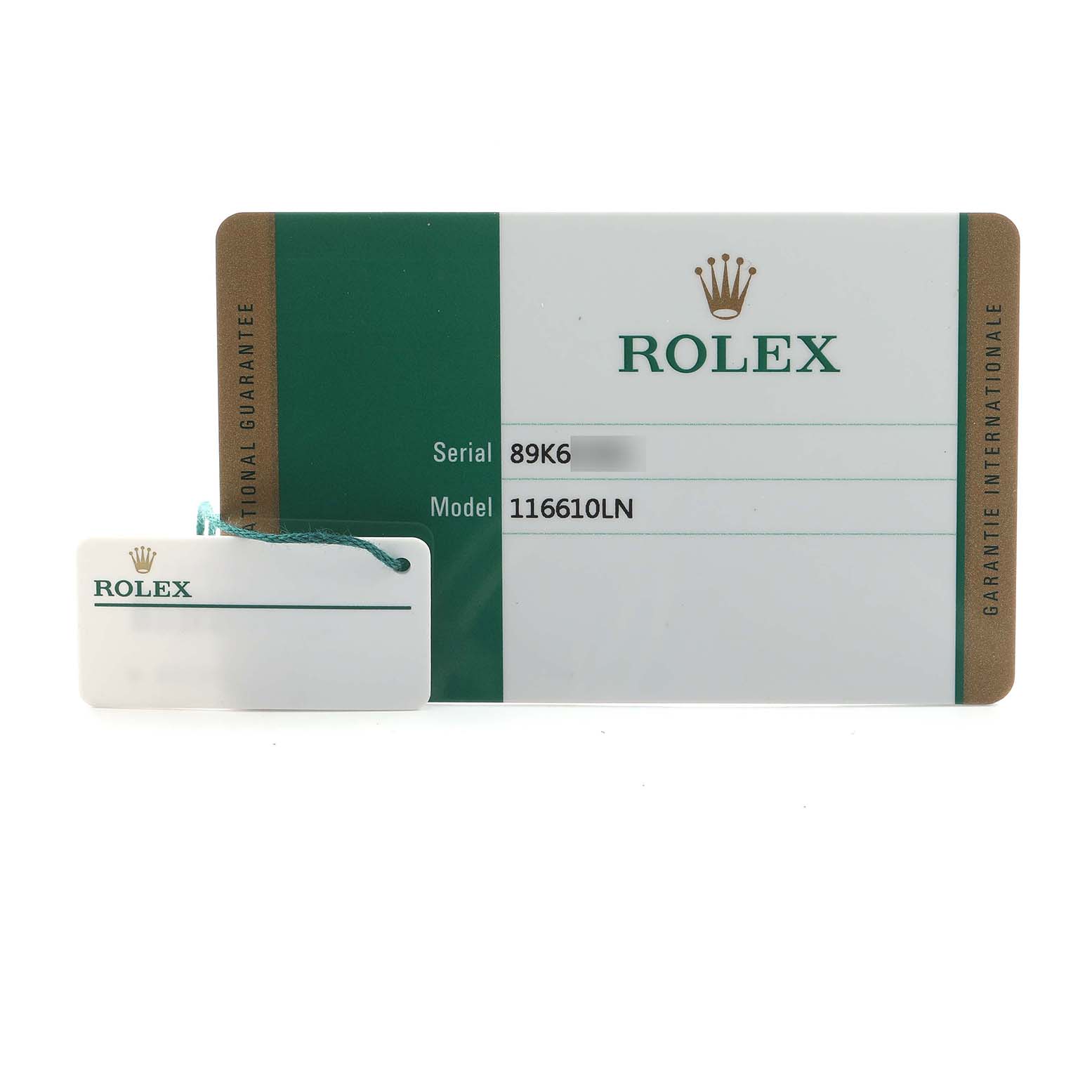 The image shows a Rolex Submariner 116610LN Men's Stainless Steel Black Dial model 116610LN warranty card and a tag, viewed from the front.