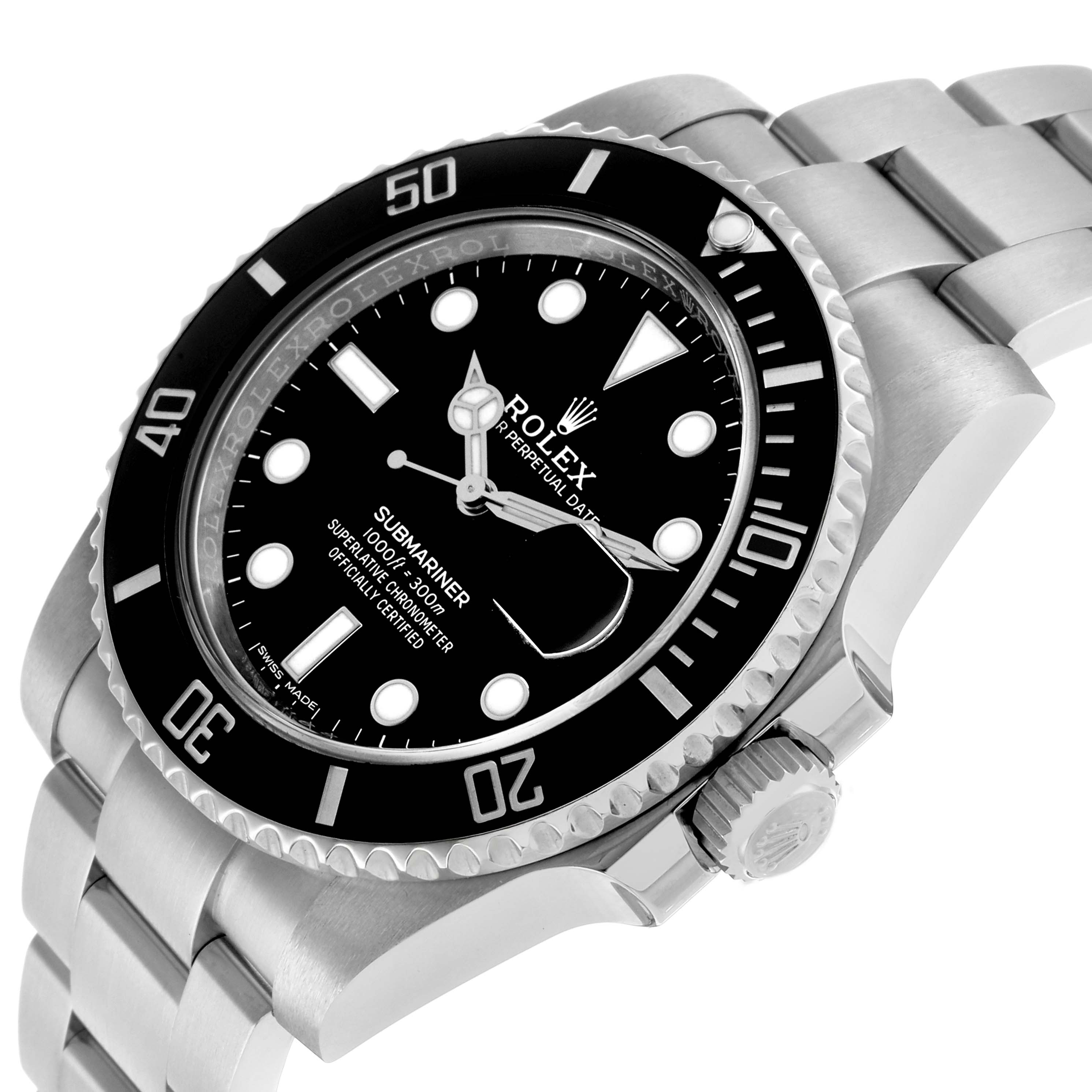The Rolex Submariner 116610LN Men's Stainless Steel Black Dial watch is shown at an angle highlighting the bezel, dial, crown, and part of the bracelet.