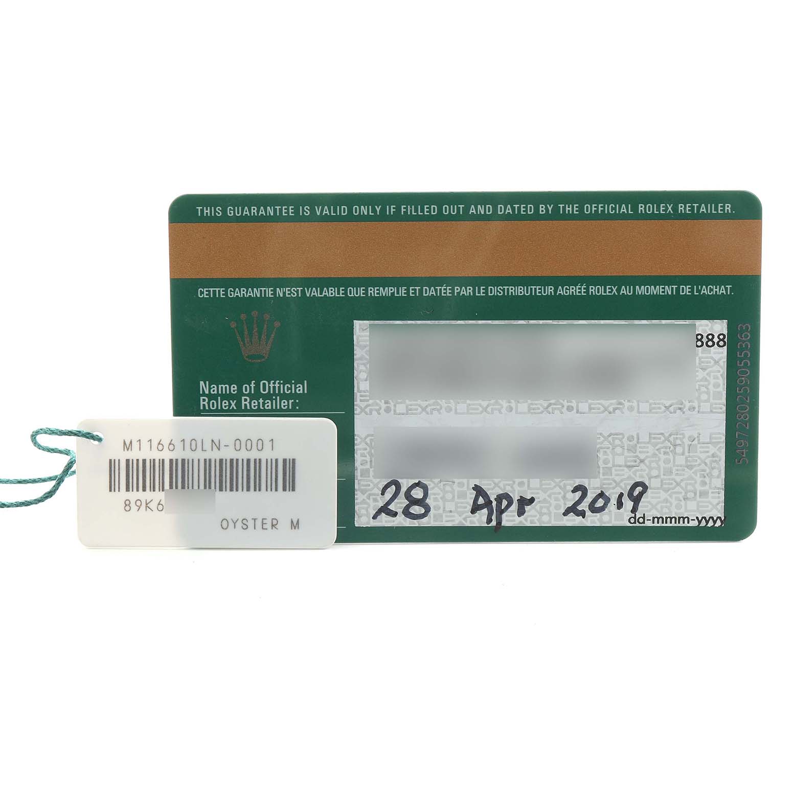 The image shows a warranty card and tag for a Rolex Submariner 116610LN Men's Stainless Steel Black Dial watch, featuring the date and model number.