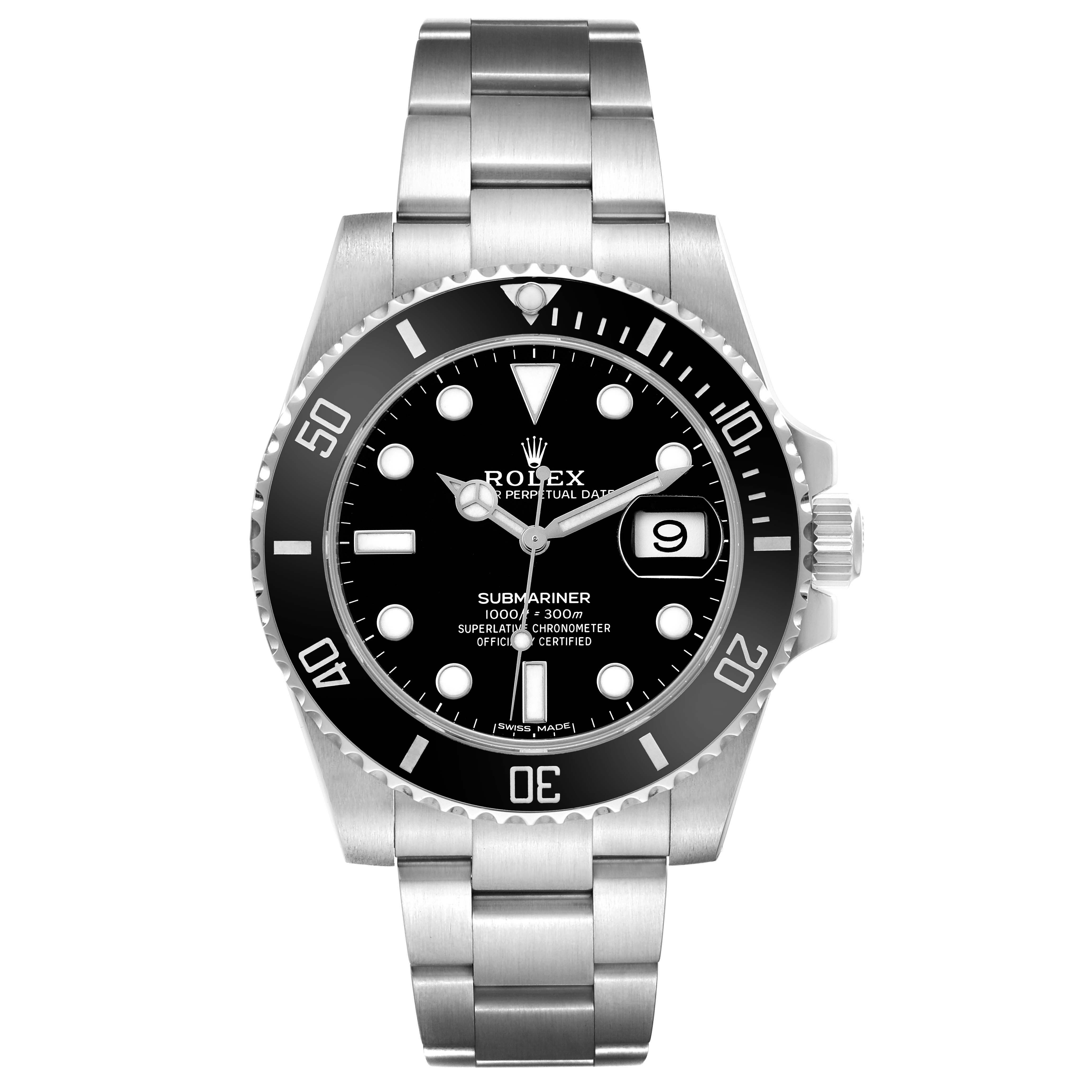 The Rolex Submariner 116610LN Men's Stainless Steel Black Dial watch is shown from a front angle, displaying the dial, bezel, bracelet, and date function.