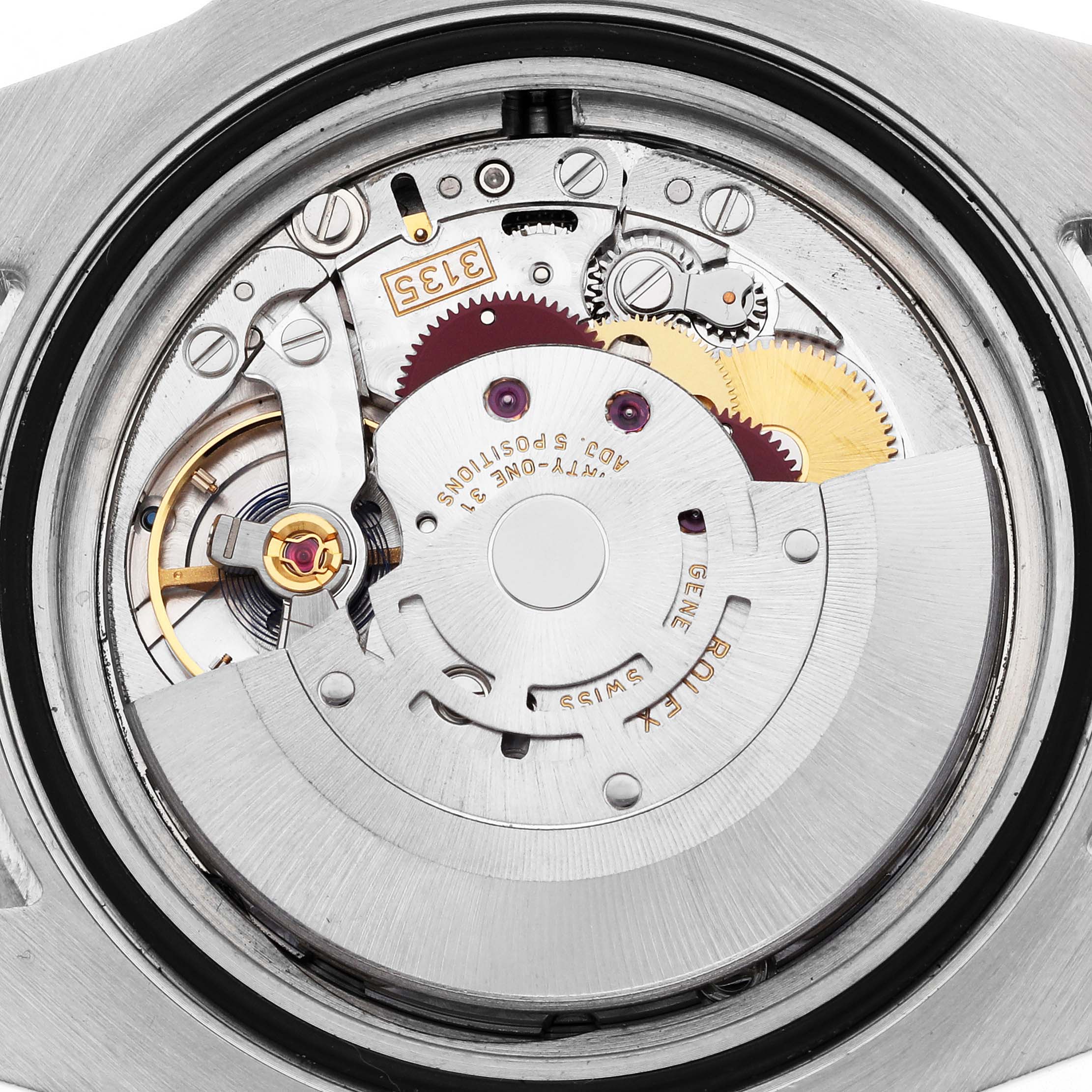 The image shows the movement of a Rolex Submariner 116610 Men's Stainless Steel Black Dial watch, viewed from the back, highlighting gears and mechanical components.