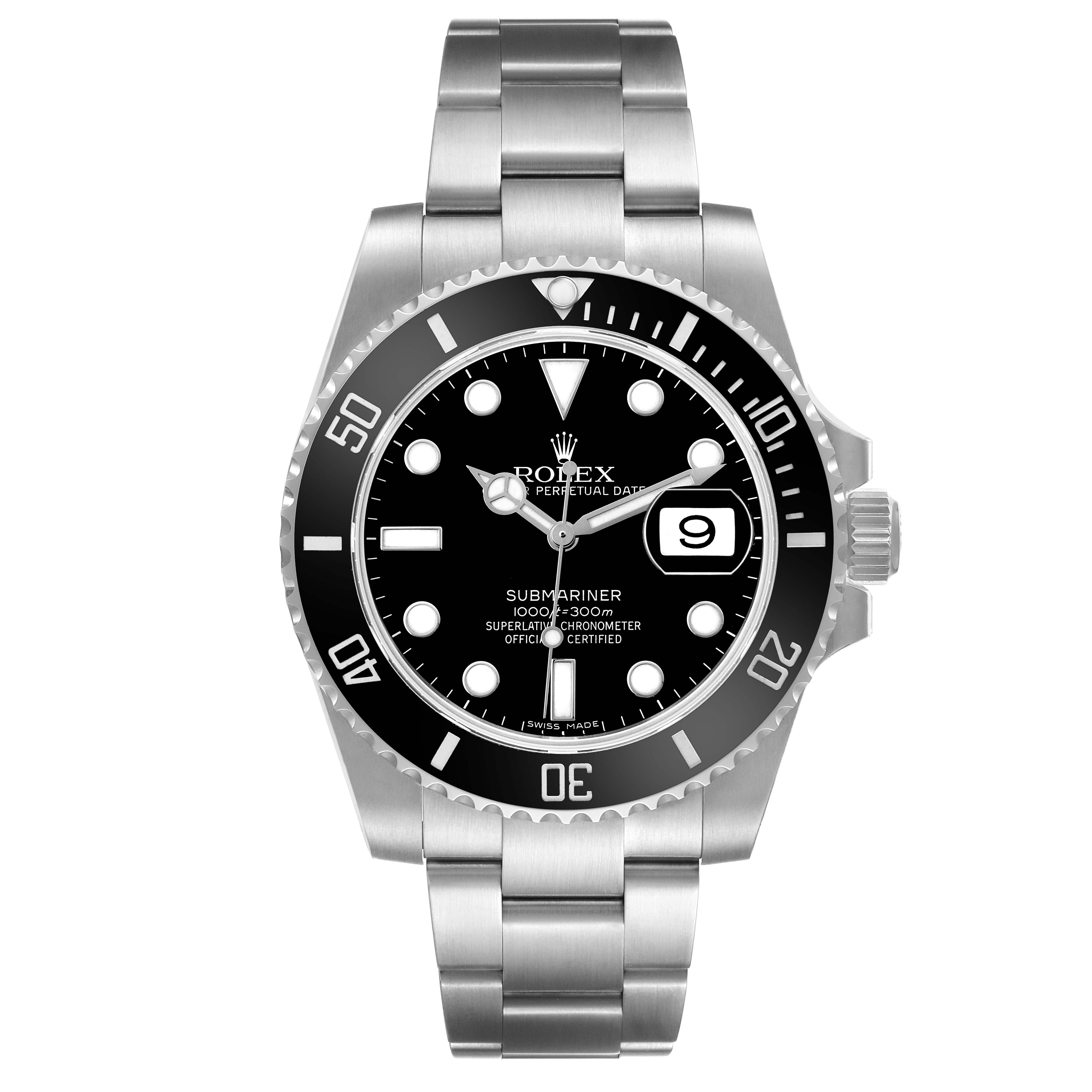 The Rolex Submariner 116610 Men's Stainless Steel Black Dial watch is shown from a front angle, displaying its bezel, dial, hands, bracelet, and date window.