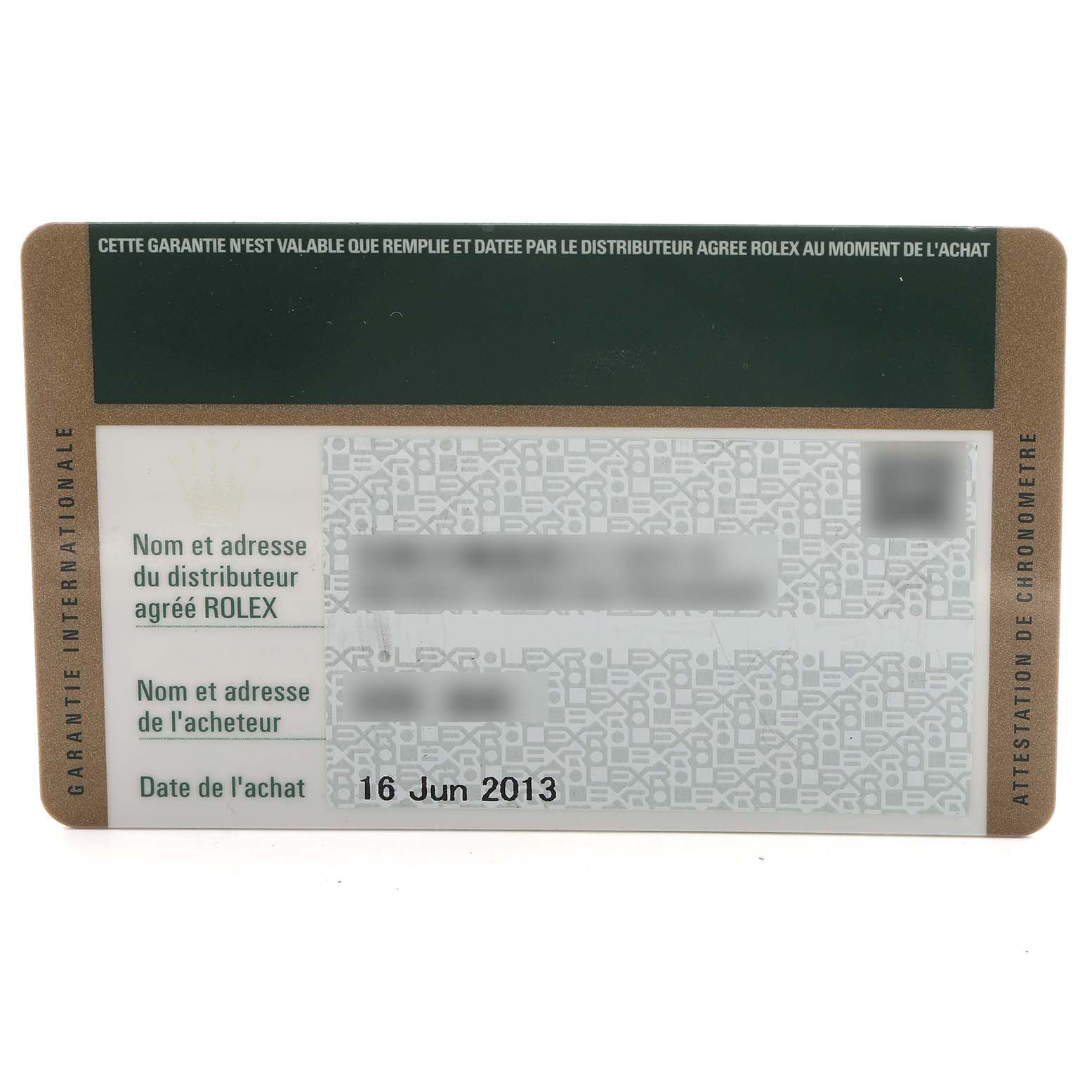 The image shows the warranty card for a Rolex Submariner 116610 Men's Stainless Steel Black Dial, featuring purchase details and a textured background.