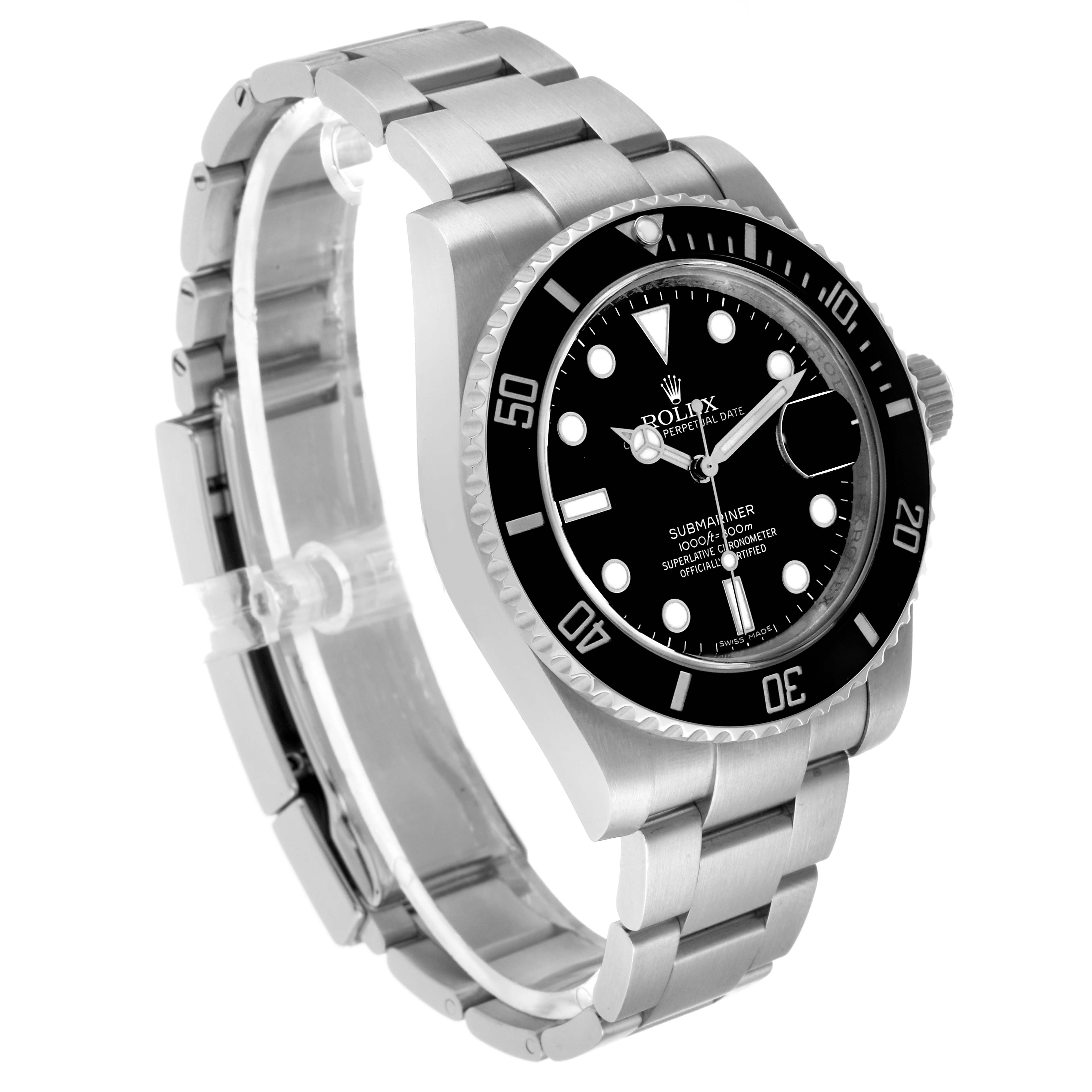 The Rolex Submariner 116610 Men's Stainless Steel Black Dial watch is shown at a three-quarter angle, displaying the face, bezel, and bracelet.