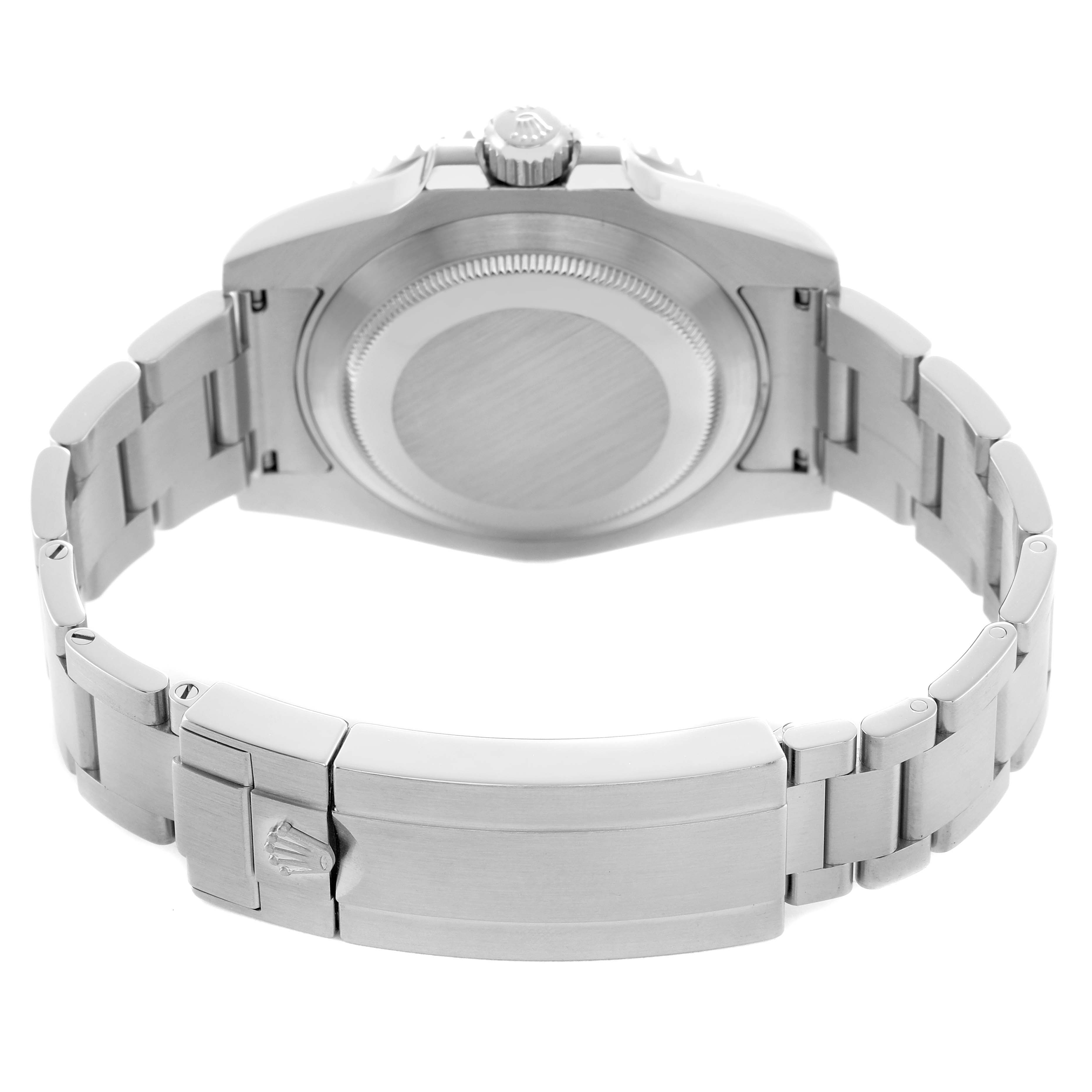 The image shows the back of a Rolex Submariner 116610 Men's Stainless Steel Black Dial watch, highlighting the case back, bracelet, and clasp from a rear angle.