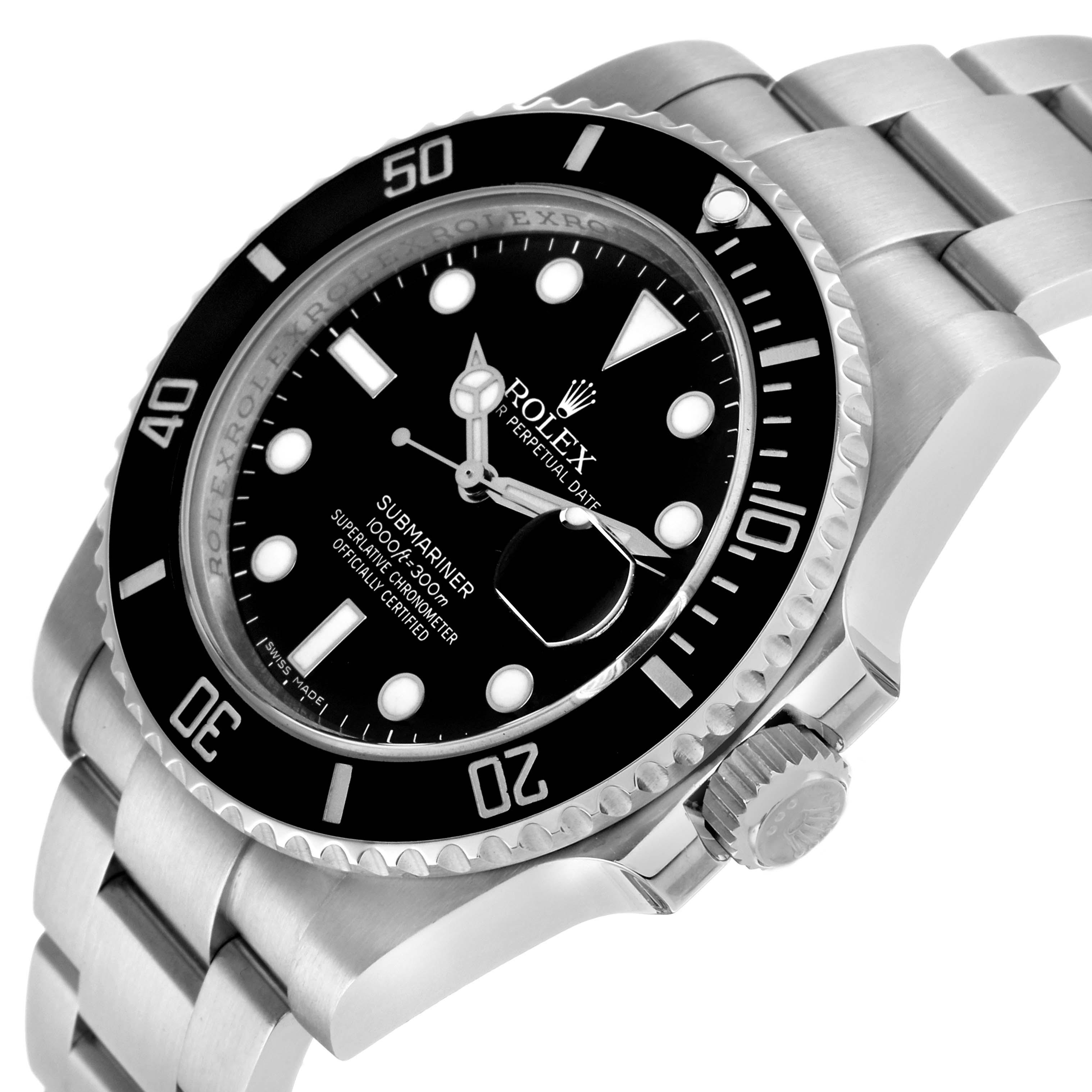 The Rolex Submariner 116610 Men's Stainless Steel Black Dial watch is shown at an angled front view, highlighting the dial, bezel, crown, and part of the bracelet.