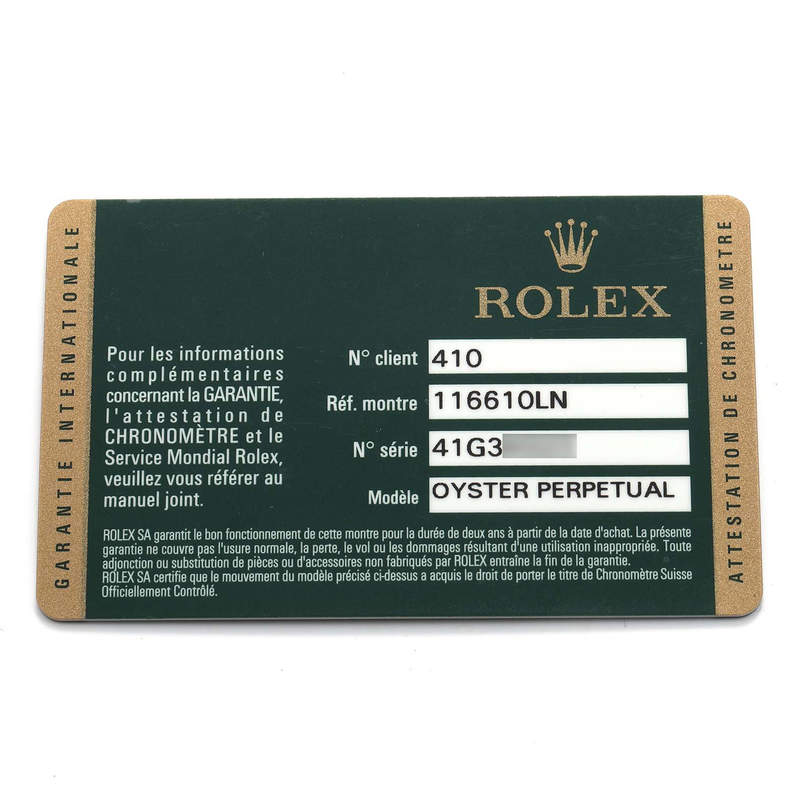 The image shows a warranty card for a Rolex Submariner 116610 Men's Stainless Steel Black Dial, focusing on model information and serial numbers.