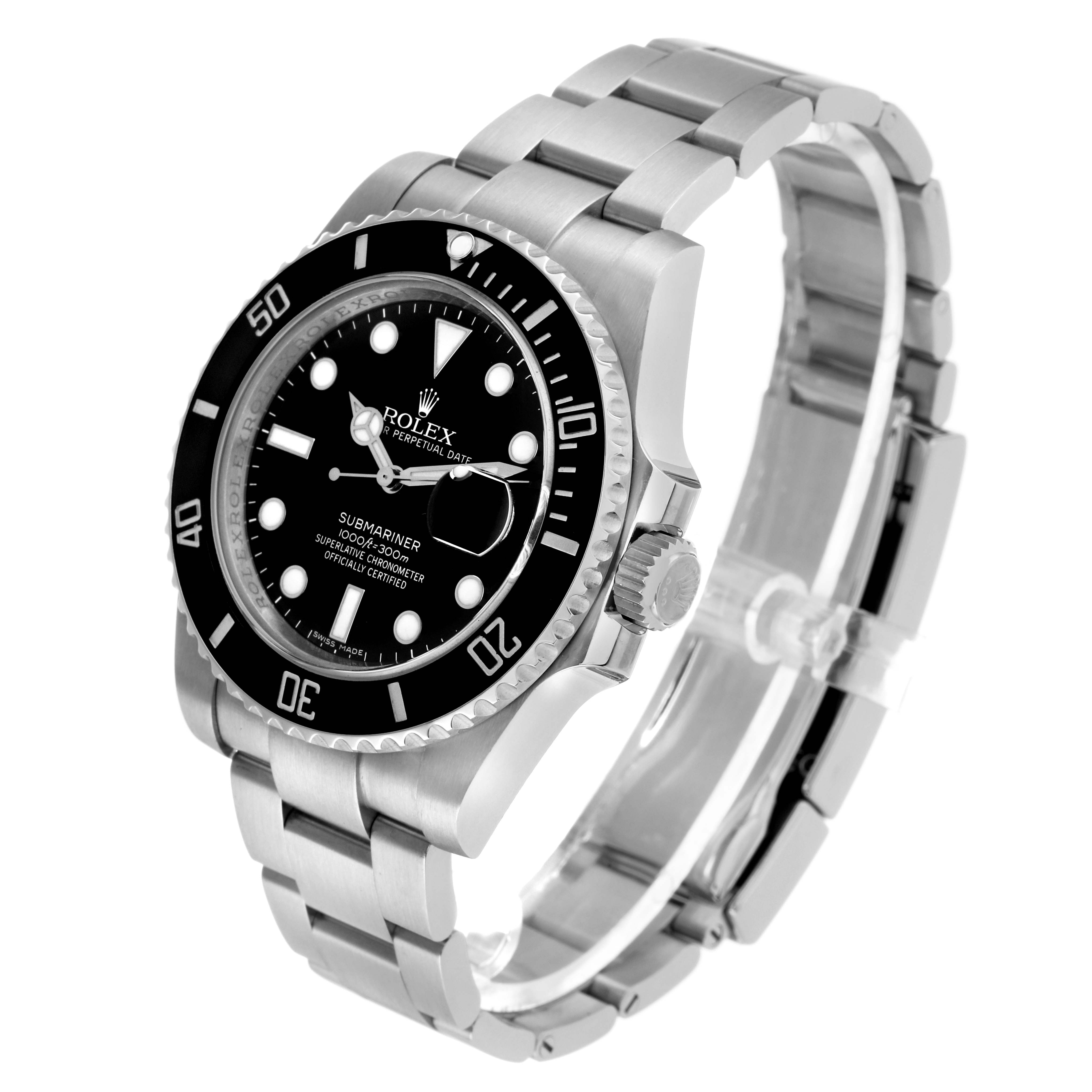 The Rolex Submariner 116610 Men's Stainless Steel Black Dial watch is shown at a three-quarter angle, highlighting the bezel, dial, crown, and bracelet.