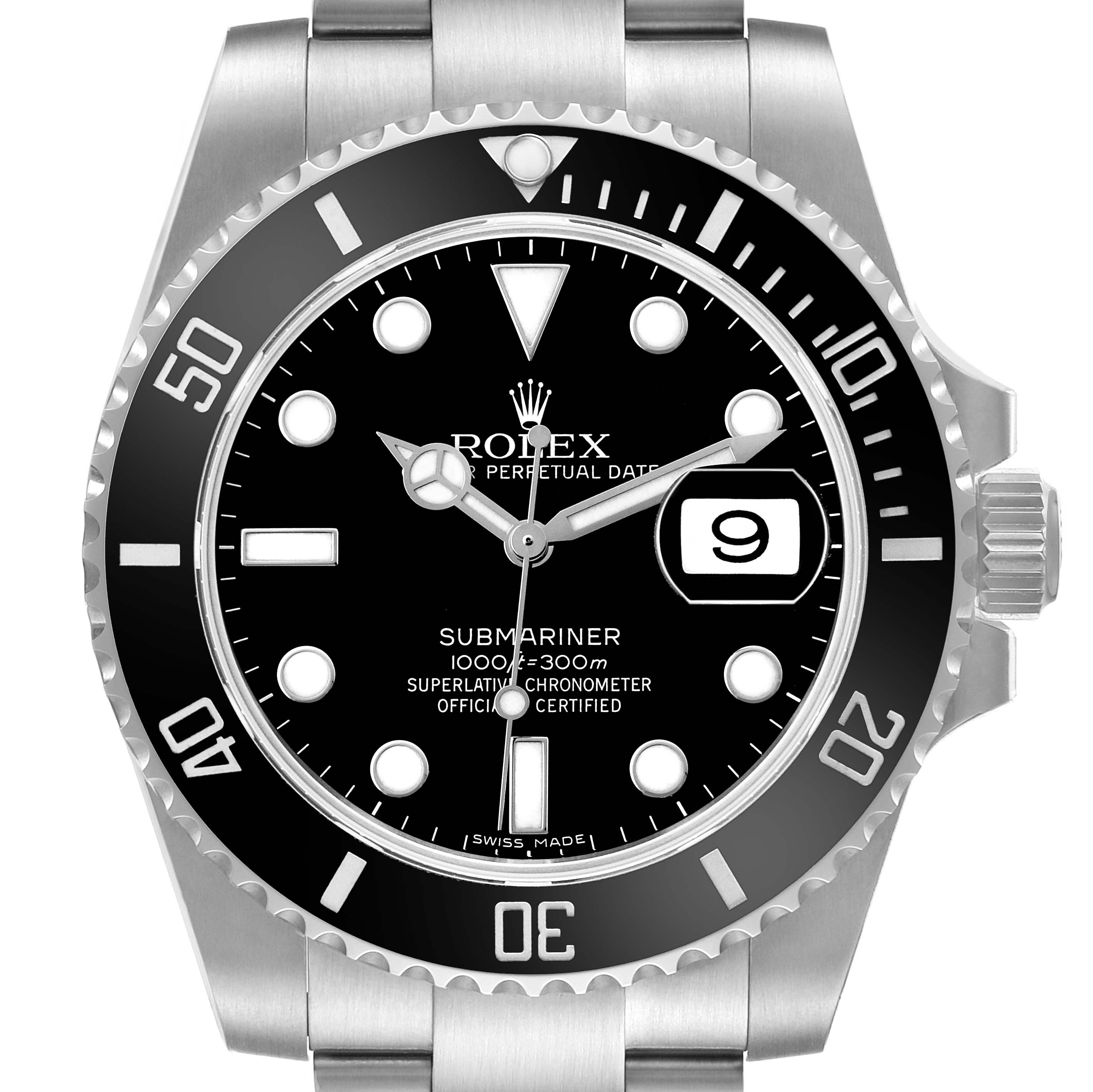 The Rolex Submariner 116610 Men's Stainless Steel Black Dial watch is shown from a frontal angle, highlighting the dial, bezel, and part of the bracelet.