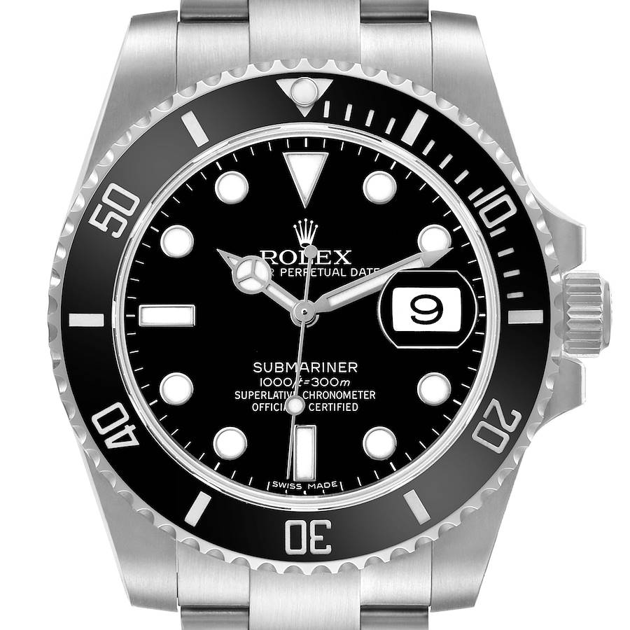 The Rolex Submariner 116610 Men's Stainless Steel Black Dial watch is shown from a frontal angle, highlighting the dial, bezel, and part of the bracelet.
