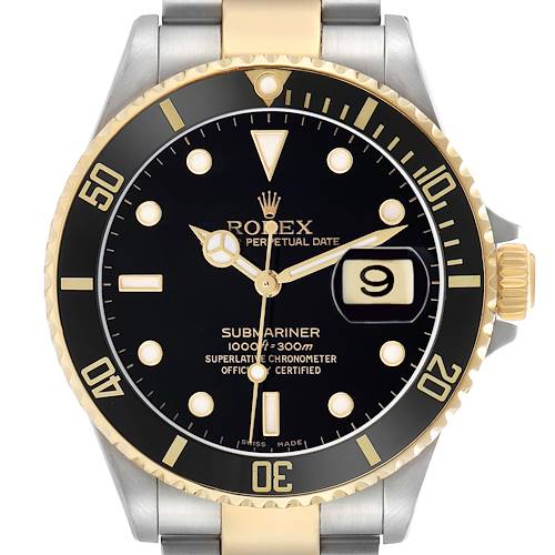 The image shows a front view of the Rolex Submariner 16613 Men's Steel and Gold (two tone) Black Dial watch, highlighting its dial, bezel, and crown.