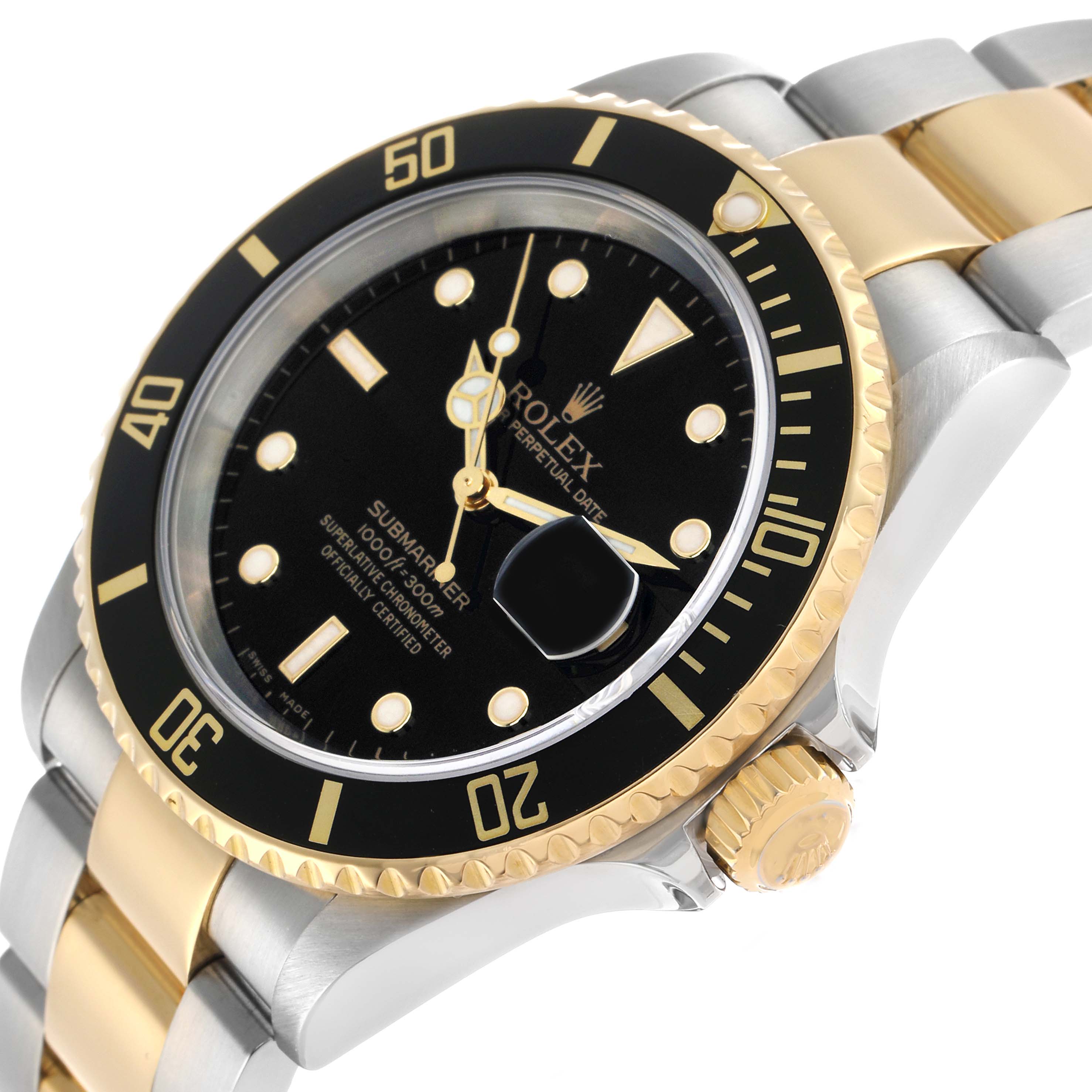 The Rolex Submariner 16613 Men's Steel and Gold (two tone) Black Dial watch is shown at a diagonal angle displaying the dial, bezel, crown, and part of the bracelet.