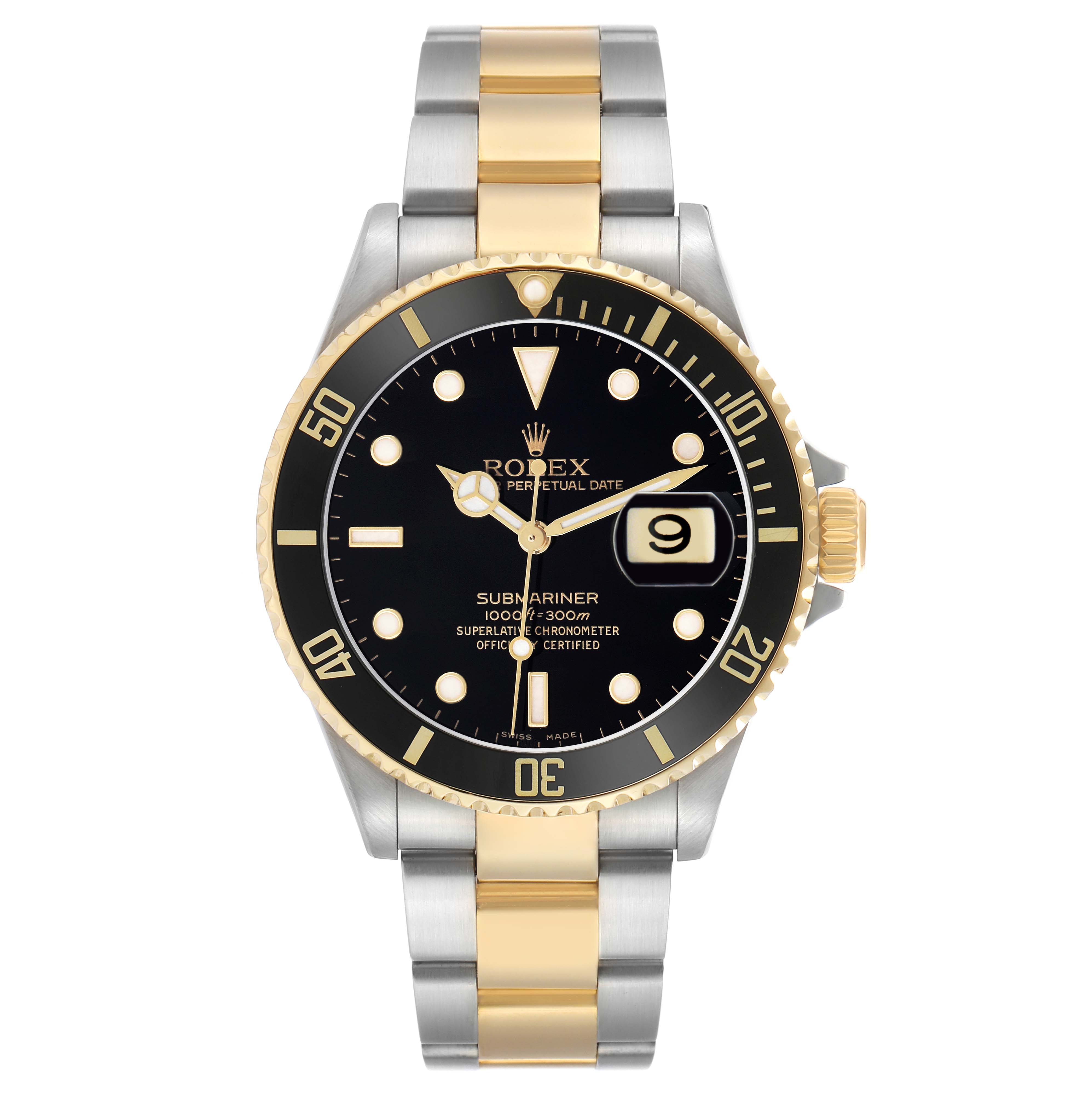 The Rolex Submariner 16613 Men's Steel and Gold (two tone) Black Dial watch is shown from the front, displaying its bezel, dial, hands, and bracelet in a two-tone finish.