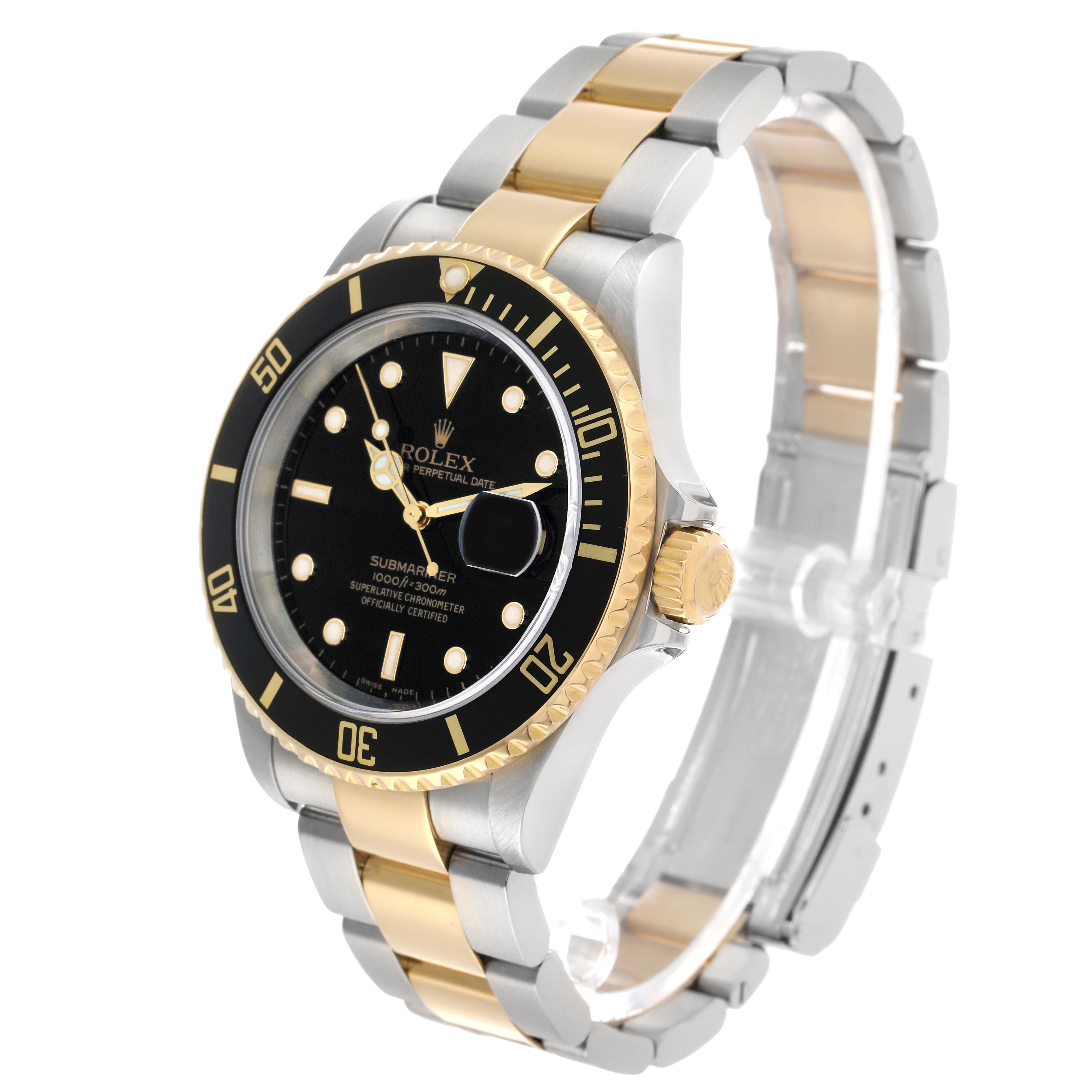 The Rolex Submariner 16613 Men's Steel and Gold (two tone) Black Dial watch is shown from a three-quarter angle, highlighting the bezel, dial, bracelet, and clasp.
