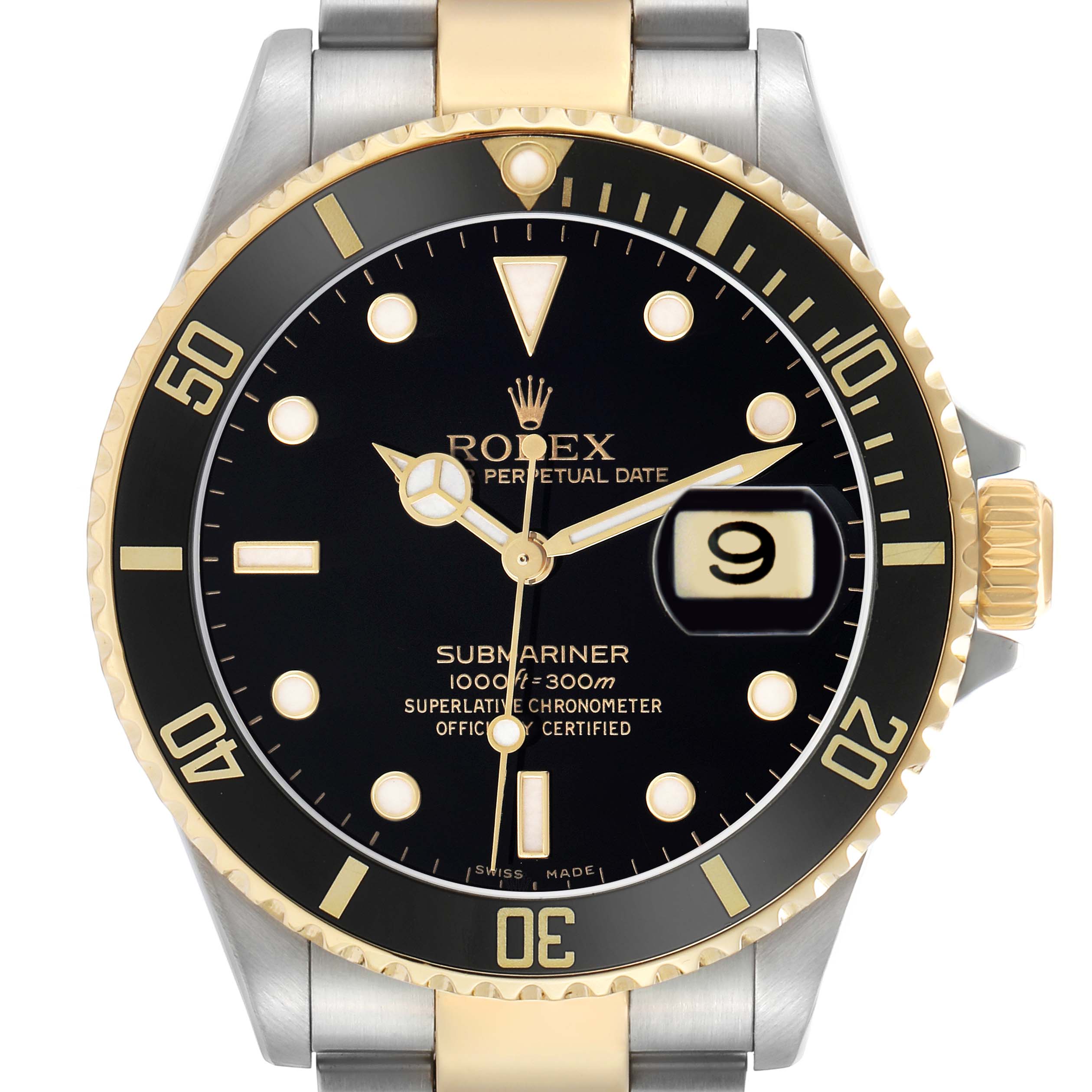 The Rolex Submariner 16613 Men's Steel and Gold (two tone) Black Dial watch is shown from a top angle, displaying the bezel, dial, hands, and bracelet.