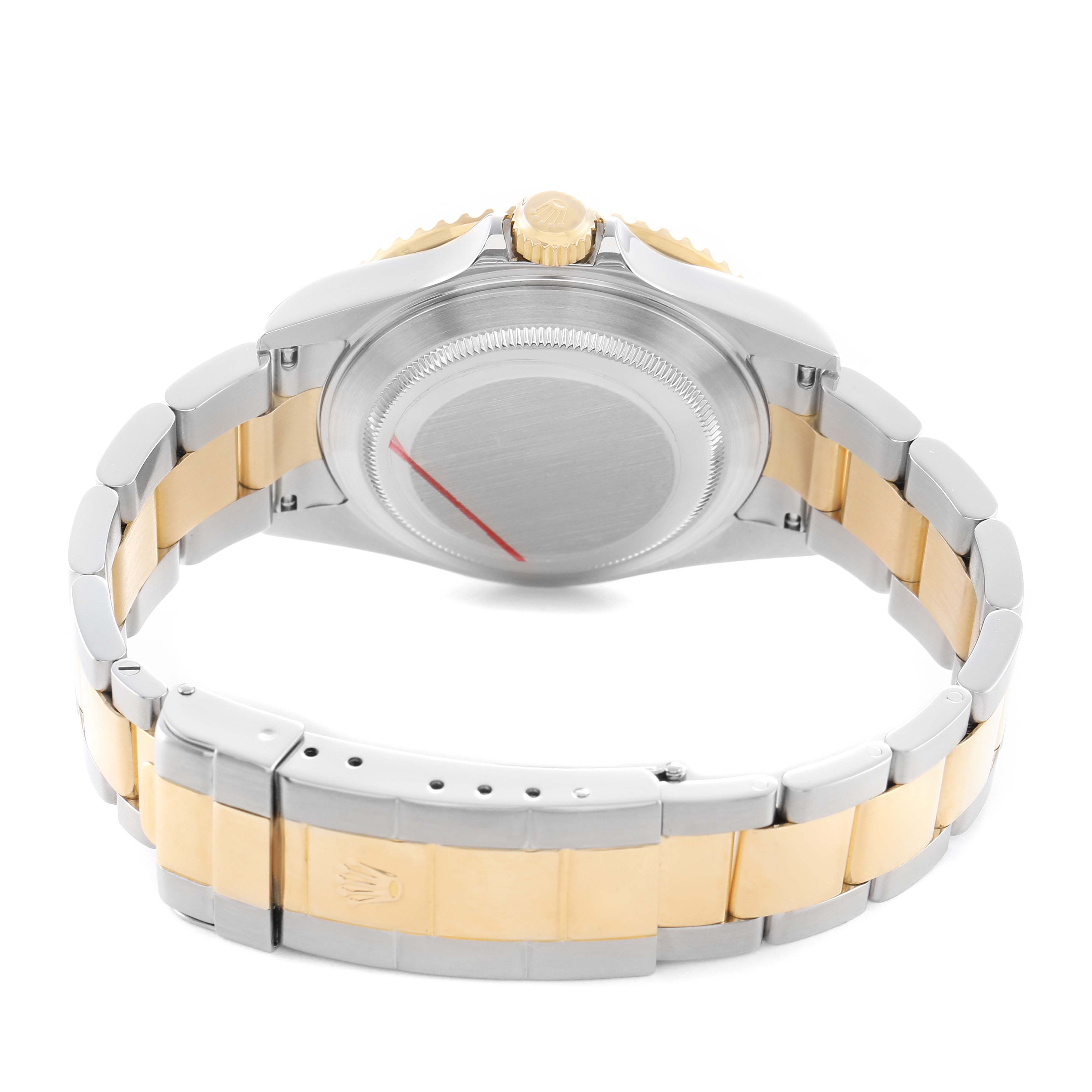 The image shows the back and bracelet of a Rolex Submariner 16613 Men's Steel and Gold (two tone) Black Dial watch, highlighting its two-tone metal design.