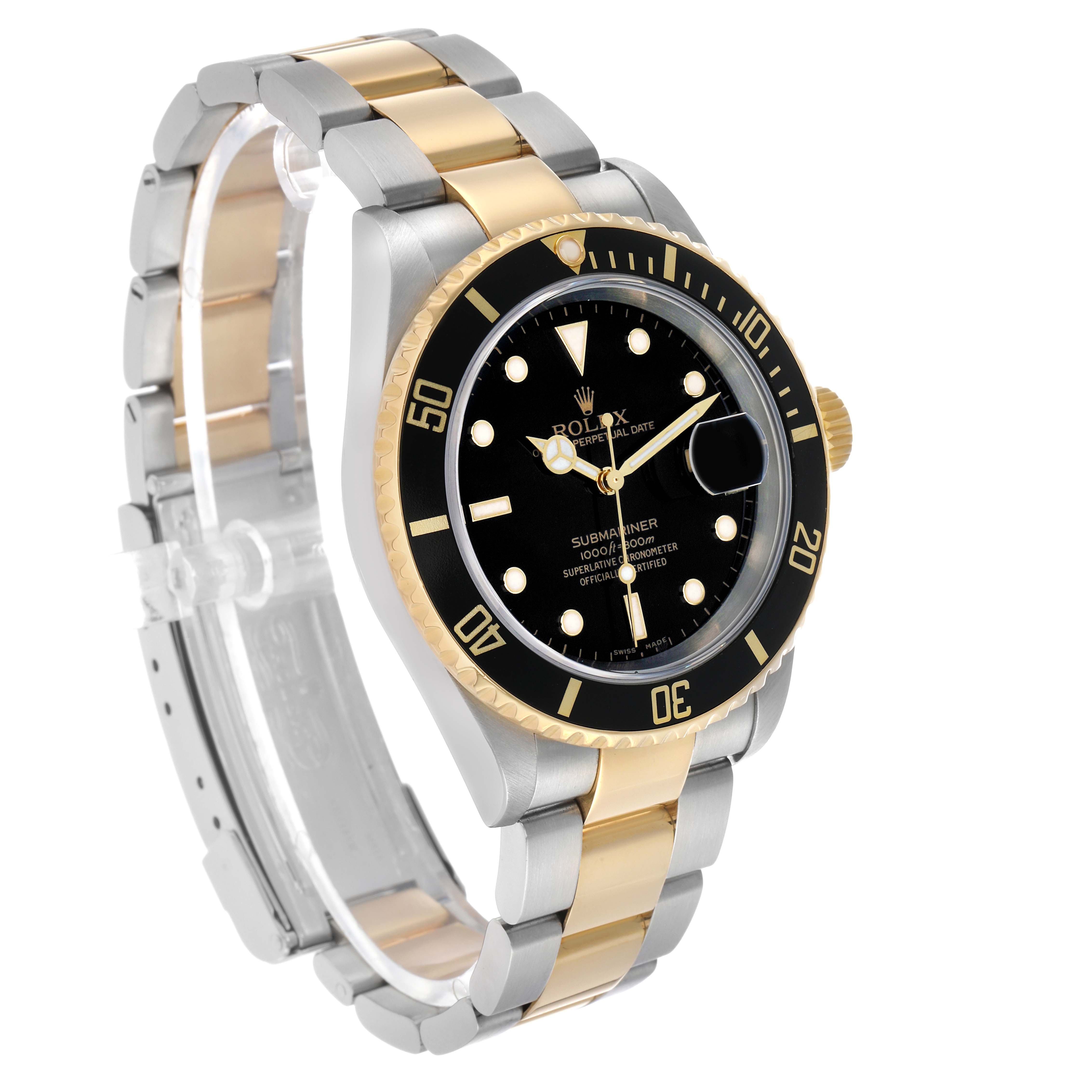 The Rolex Submariner 16613 Men's Steel and Gold (two tone) Black Dial watch is shown at a three-quarter angle, highlighting the black dial, gold bezel, and two-tone bracelet.