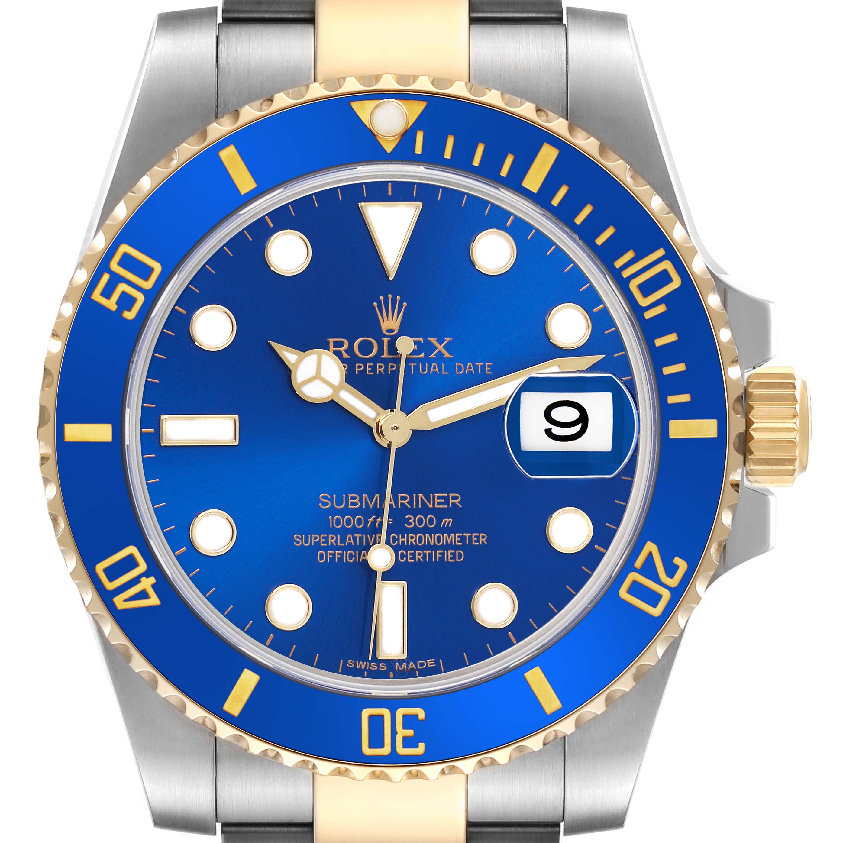 The image shows a frontal view of a Rolex Submariner 116613LB Men's Steel and Gold (two tone) Blue Dial 116613LB Men's Steel and Gold (two tone) Blue Dial, displaying the dial, bezel, and part of the bracelet.