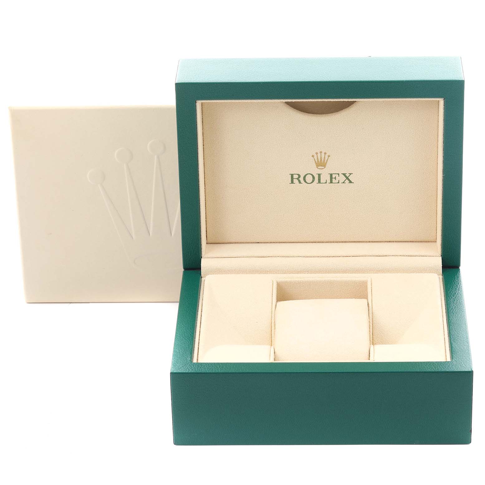 The image shows an open box for a Rolex Submariner 116613LB Men's Steel and Gold (two tone) Blue Dial 116613LB Men's Steel and Gold (two tone) Blue Dial, displaying its interior and logo.