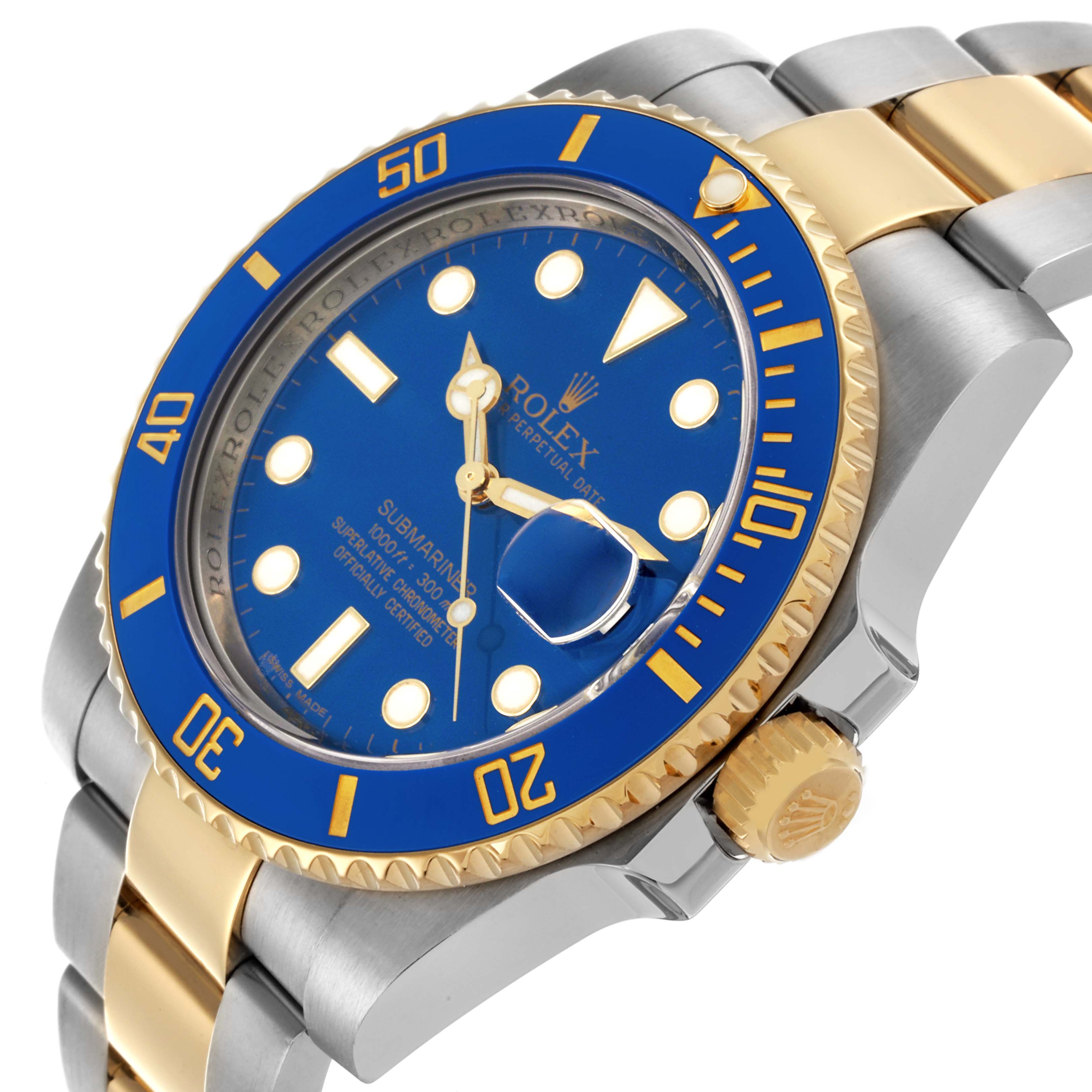 The Rolex Submariner 116613LB Men's Steel and Gold (two tone) Blue Dial 116613LB Men's Steel and Gold (two tone) Blue Dial is shown at a three-quarter angle, highlighting the dial, bezel, crown, and two-tone bracelet.