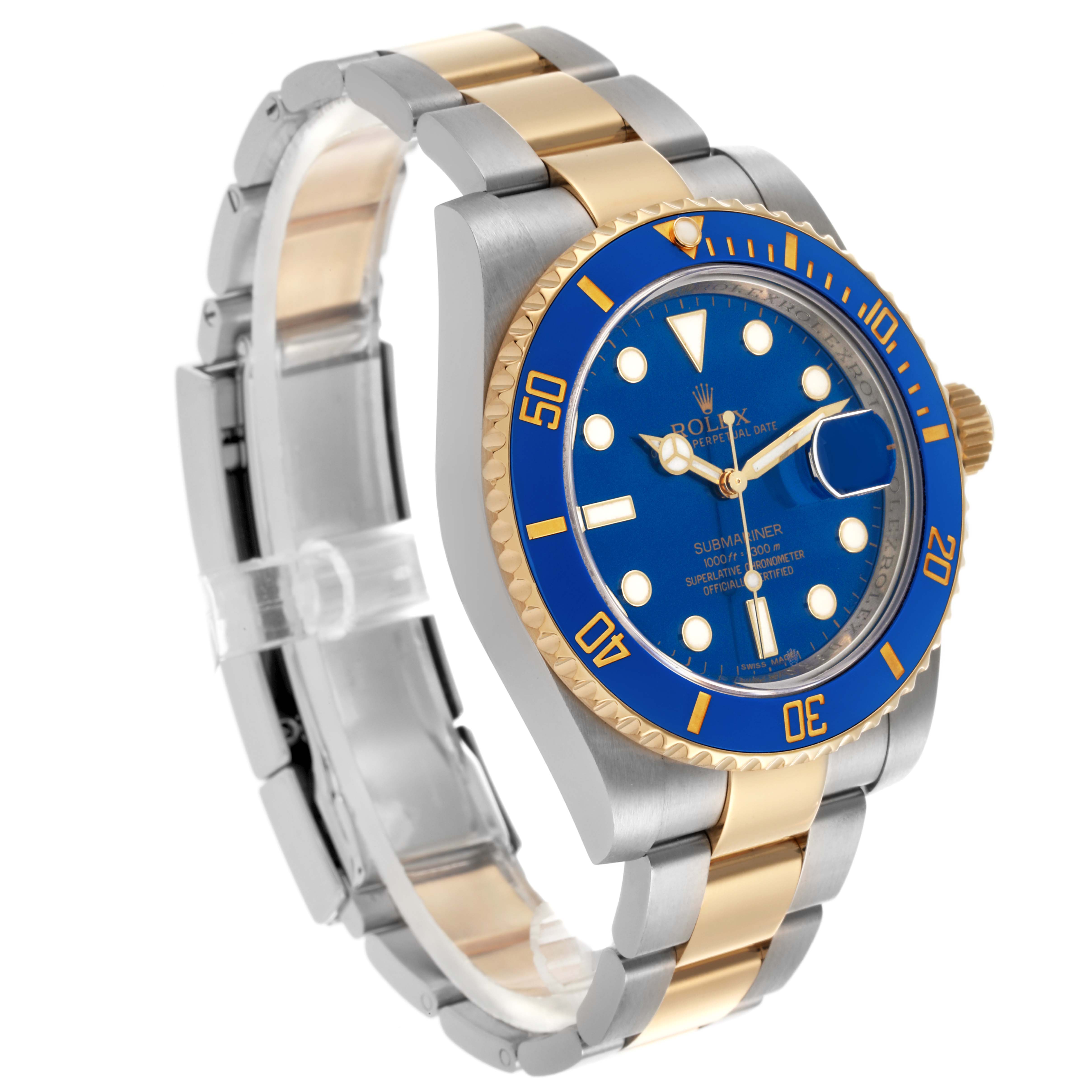 The Rolex Submariner 116613LB Men's Steel and Gold (two tone) Blue Dial 116613LB Men's Steel and Gold (two tone) Blue Dial is shown at a three-quarter angle, highlighting the blue dial, bezel, and two-tone bracelet.