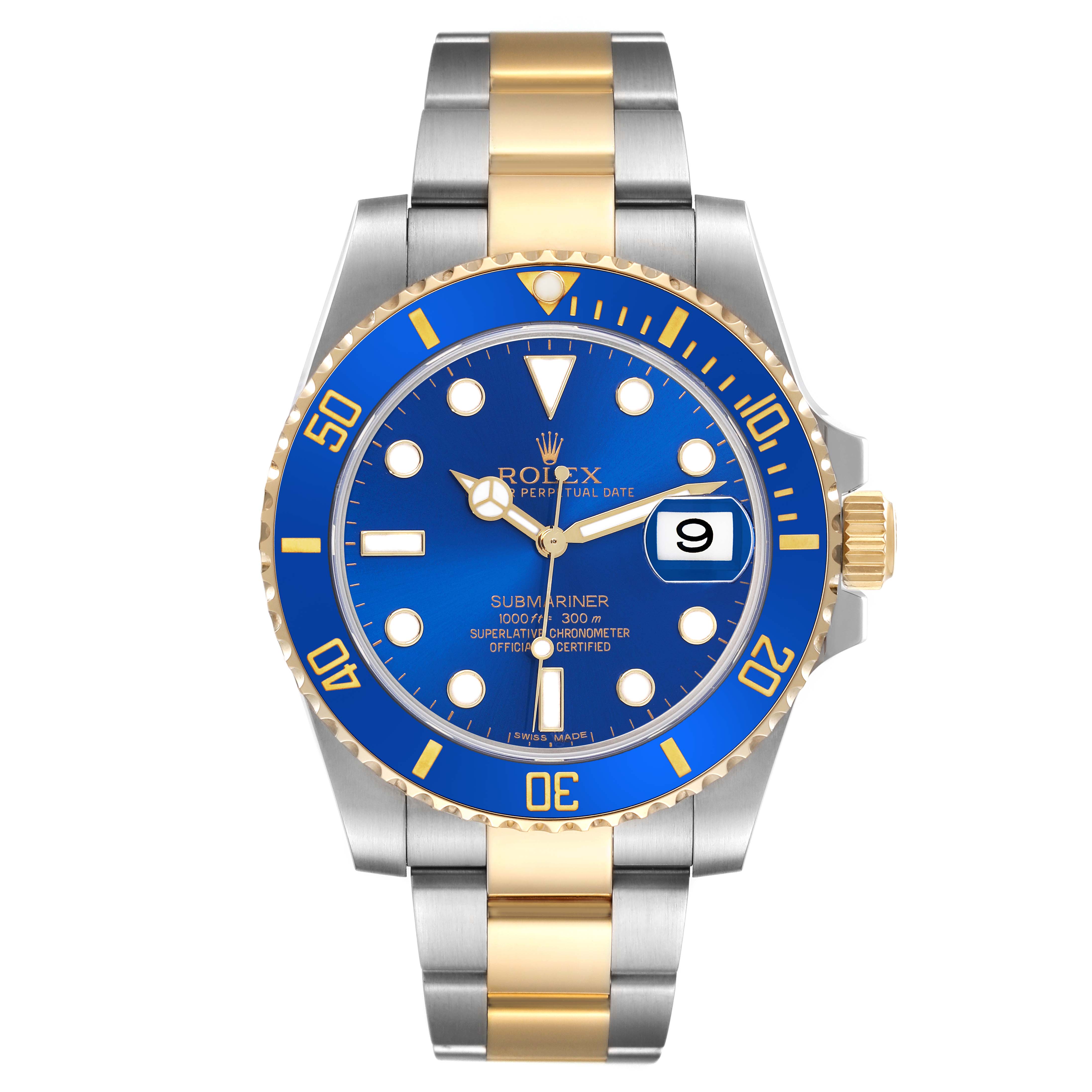 The Rolex Submariner 116613LB Men's Steel and Gold (two tone) Blue Dial 116613LB Men's Steel and Gold (two tone) Blue Dial watch is shown from the front, highlighting the blue dial and gold-and-silver bracelet.