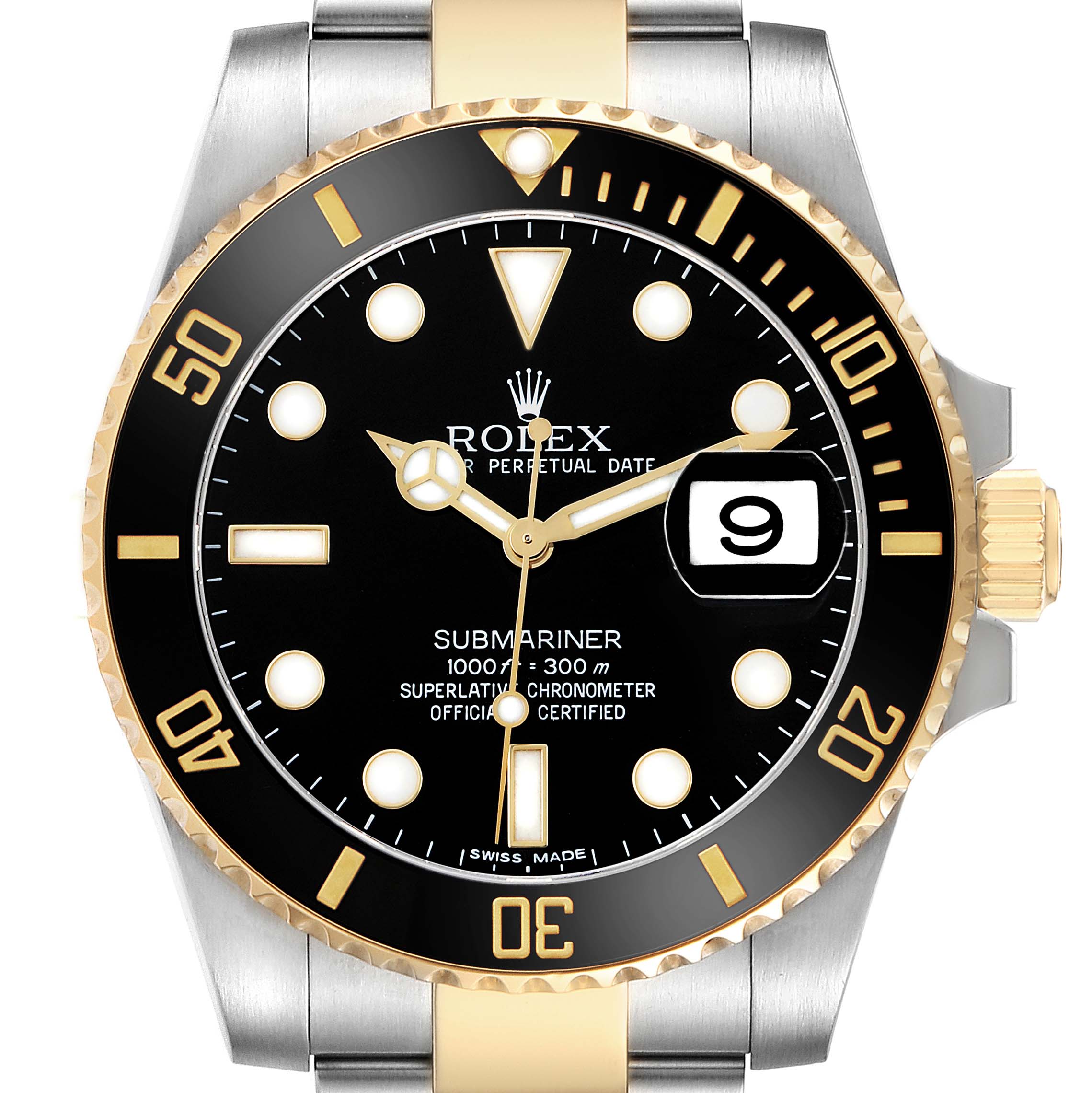 The Rolex Submariner 116613 Men's Steel and Gold (two tone) Black Dial watch is shown from the front, highlighting the dial, bezel, crown, and bracelet.