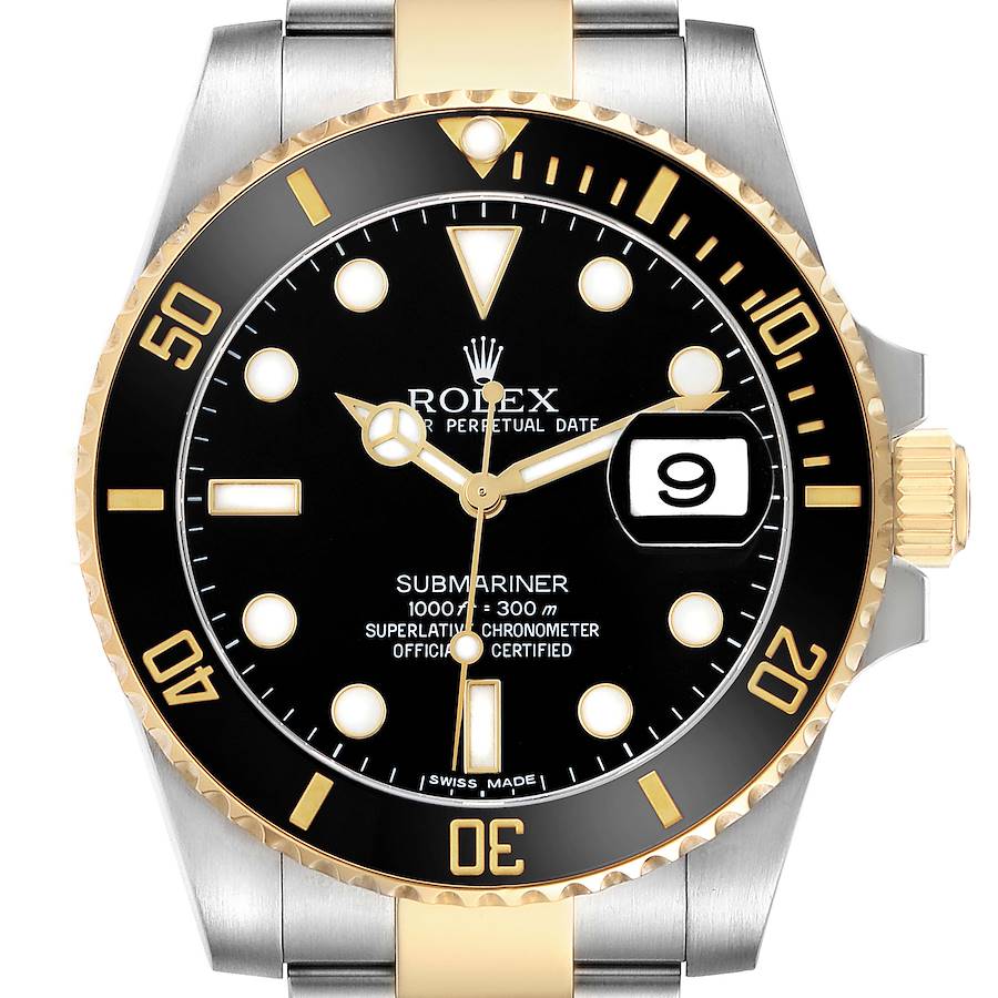The Rolex Submariner 116613 Men's Steel and Gold (two tone) Black Dial watch is shown from the front, highlighting the dial, bezel, crown, and bracelet.